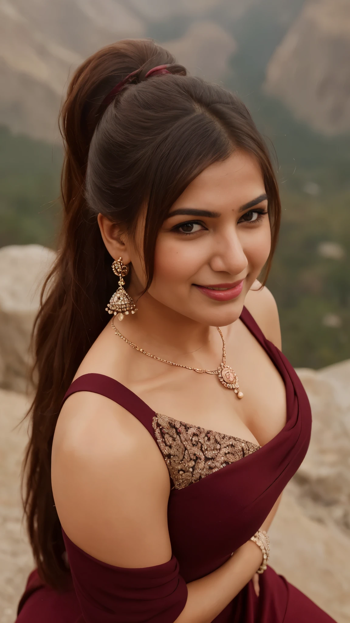 from top view, extreme close up photo of indian, big cheeks, hourglass figure, swooping breasts, posing on mountains, necklace, ponytail, sultry, sexy maroon dress,  seductive eyes, look at viewer and smile, (cinematic:1.3), intricate details, (ArtStation:1.2)