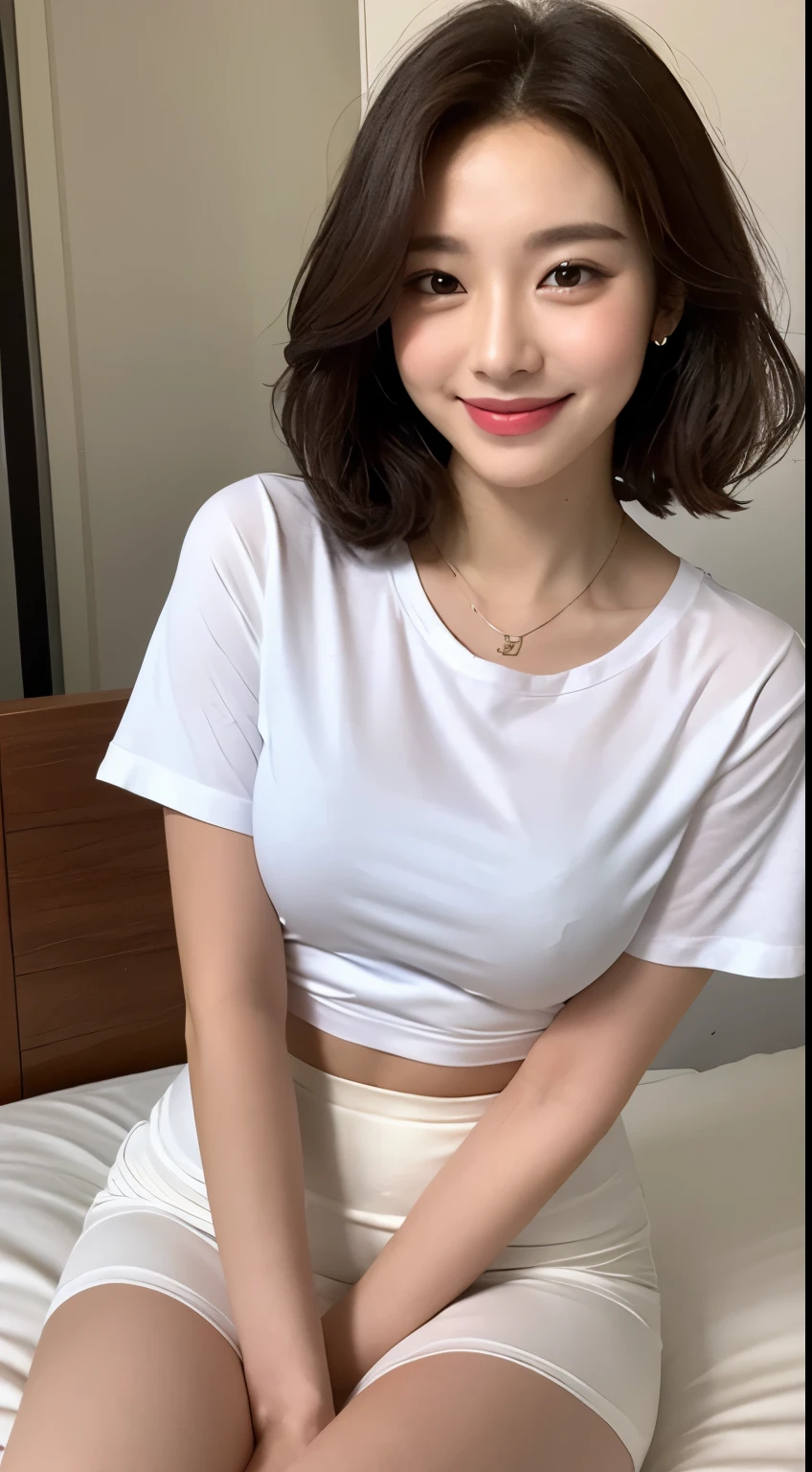 white tight shirt、white tight mini skirt、bed、smile、short sleeve、high resolution、Korean idol face