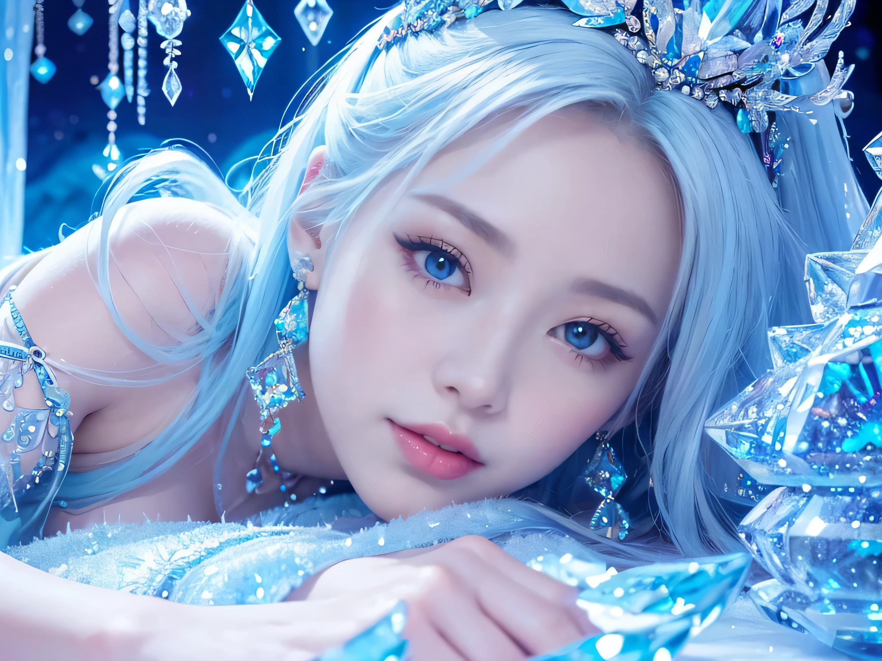 宮殿の床に横たわるice queen, She is sleeping on her back, relaxed pose,( ridiculous , high quality , Super detailed,(View Photographer )ice queen,Crystal costume with attention to detail, beautiful and colorful patterns,ice queen,ice world,fantastic palace of gods