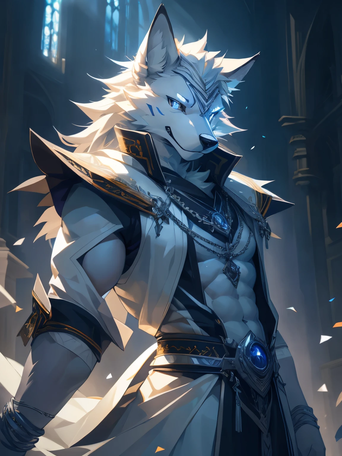 Male, Anime, muscular, abs, pecs, twins, white hair, purple eyes, wolf ears, wolf tail, wearing golden armor, standing in a temple made of marble