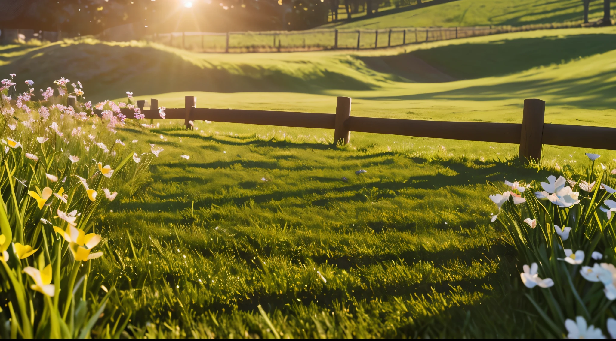 Create a perfectly realistic wooden fence lawn, The background of the early spring sunshine is the farm. The grassland with perfect halo and rich details. Close up view of the scenery.
