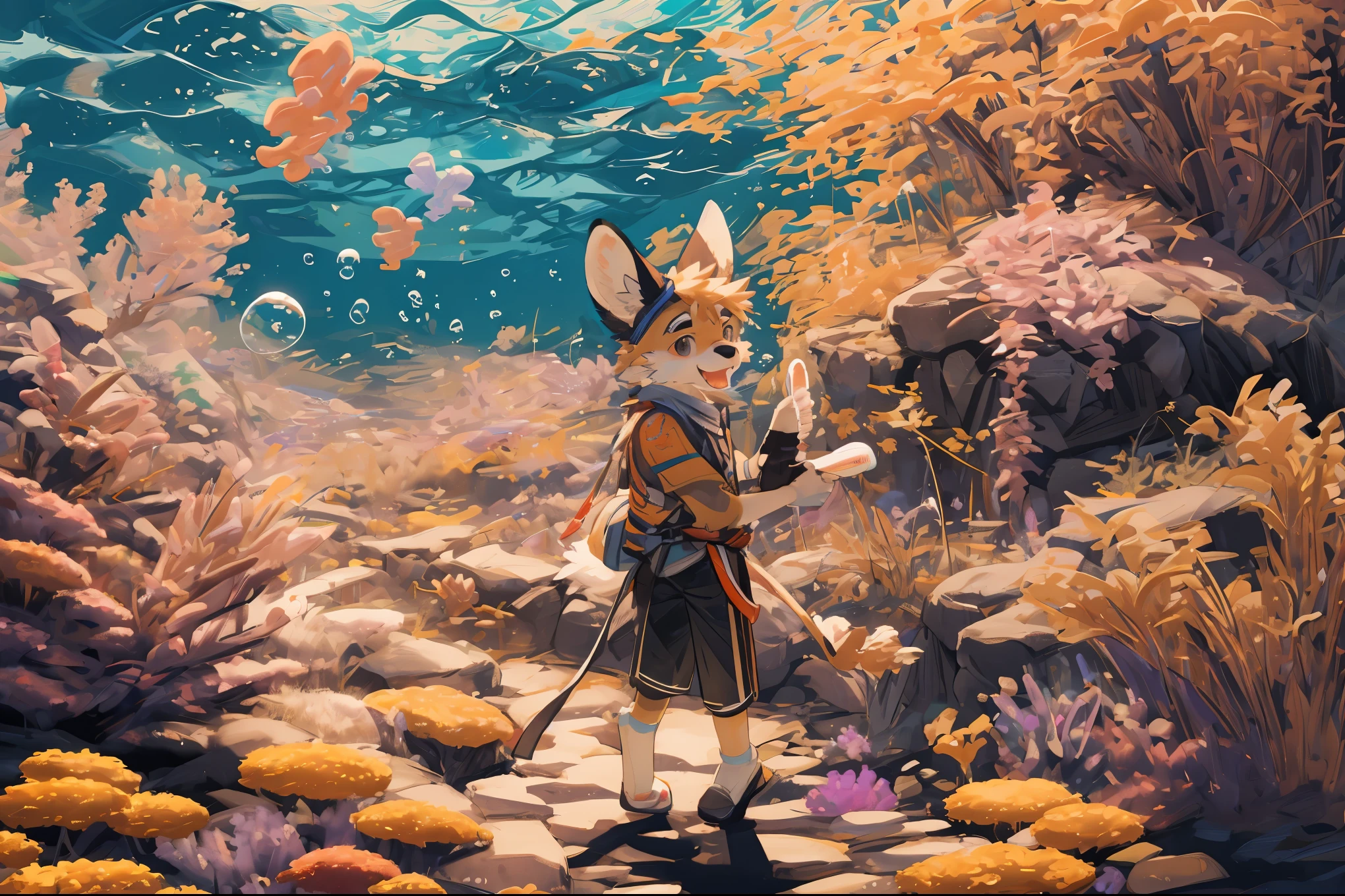 cover_page, highres, top quality, best quality, paid reward available, High-quality illustrations, unparalleled masterpiece, perfect artwork, absurdres, super high resolution, detailed background, Seabed, Coral reef, Bubble, 6+boys, 6+girls, Happy, joyful(Photos of solo travelers)(kemono, furry anthro),
