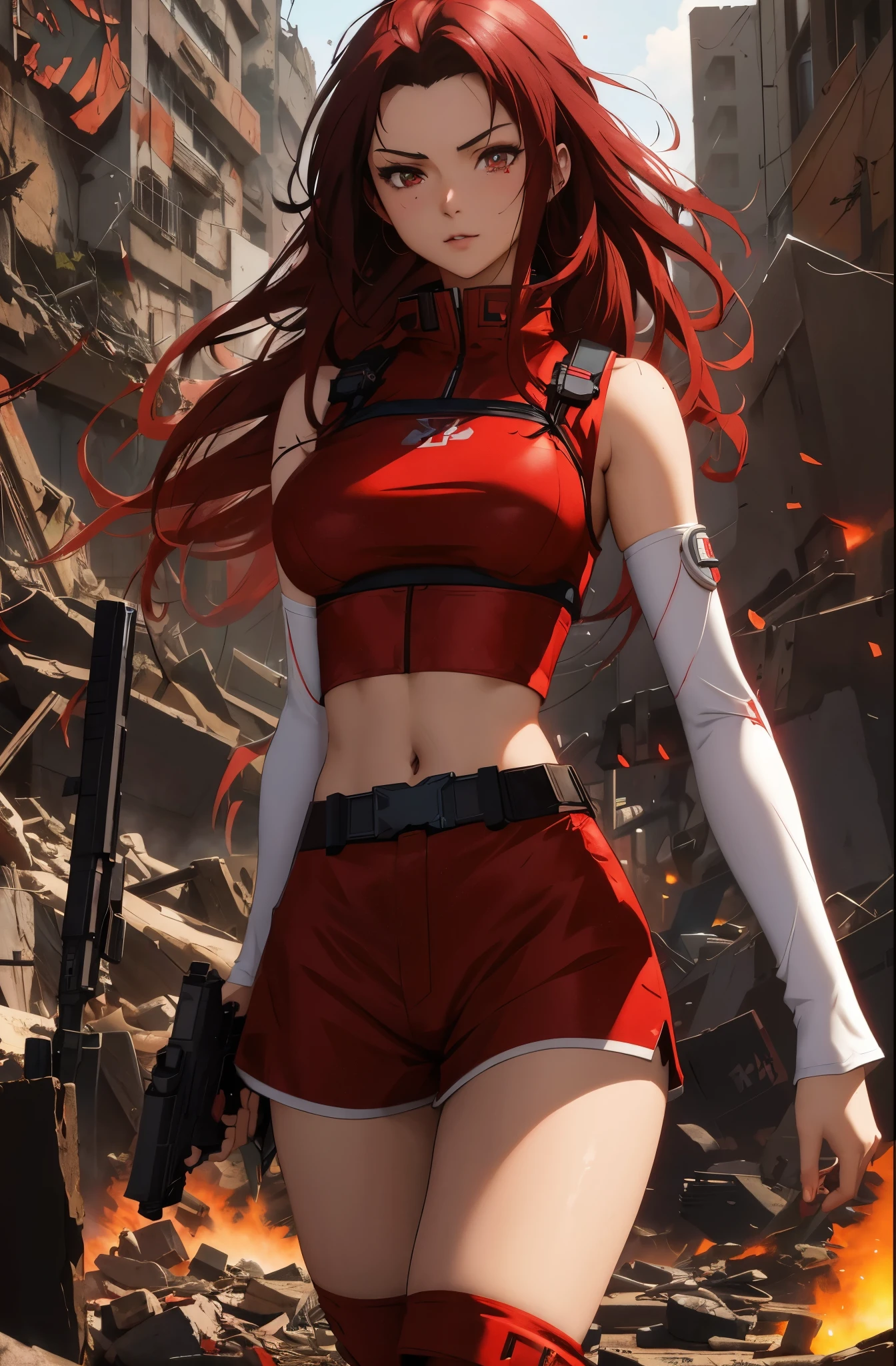 anime girl with gun in red outfit and black hair walking through rubble, badass anime 8 k, female action anime girl, cyberpunk anime girl, mechanized soldier girl, cyberpunk anime girl mech, digital cyberpunk anime art, female cyberpunk anime girl, female anime character, anime style 4 k, cushart krenz key art feminine, anime cyberpunk art, cushart kenz, wojtek fus