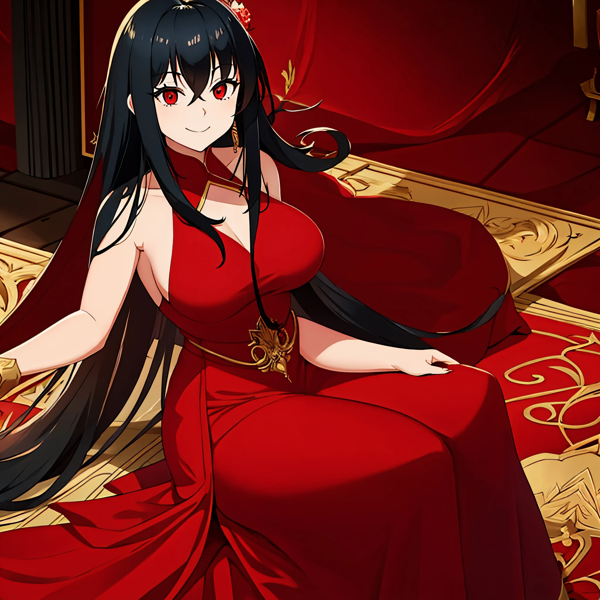 a woman wearing a red dress, in a luxurious room, smiling, long black hair, red eyes.
