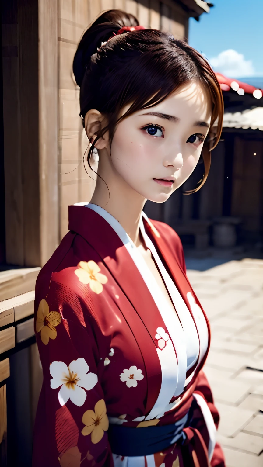 (highest quality、Extra fine、genuine)、1 girl、Japanese clothes based on red、floral obi、Floral decoration、small breasts、brown hair、red eyes、ponytail、Ahoge、From the side、gloves、natural look、building roof、blown by the wind、blue sky、upper body close-up、sharp outline