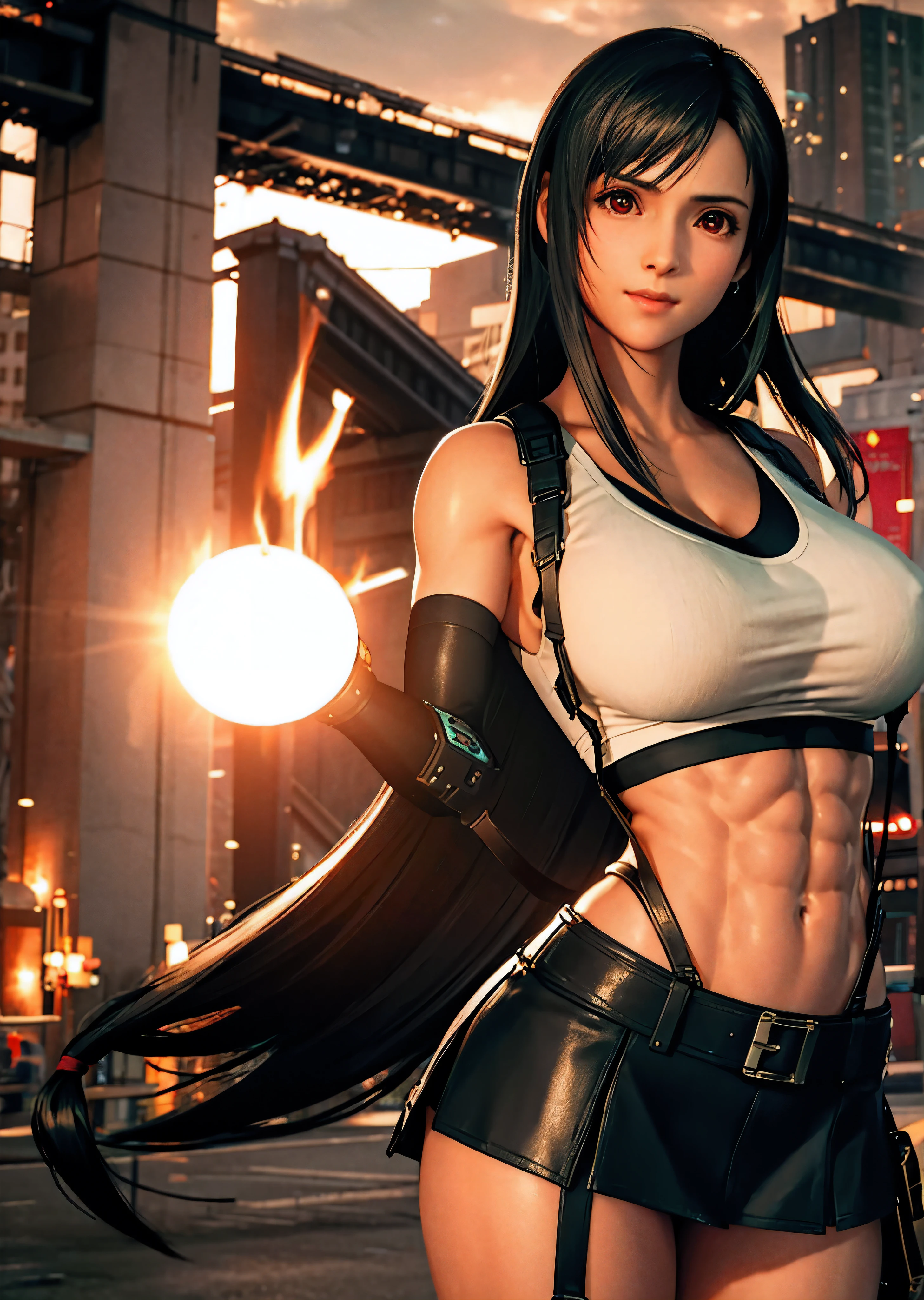 (realistic: 1.4), highest quality, very delicate and beautiful, High resolution, 1 girl, Tifa_lock heart, smile, cowboy shot, suspenders, low rise, mini skirt, Tank top, nervous shirt, black hair, long hair, elbow bag, beautiful detailed red eyes, face light, movie lighting, belly button, High exposure, exposure of the abdomen, rib, abs, ( huge breasts: 1.2), dynamic pose, dynamic angle, (abs:1.5)