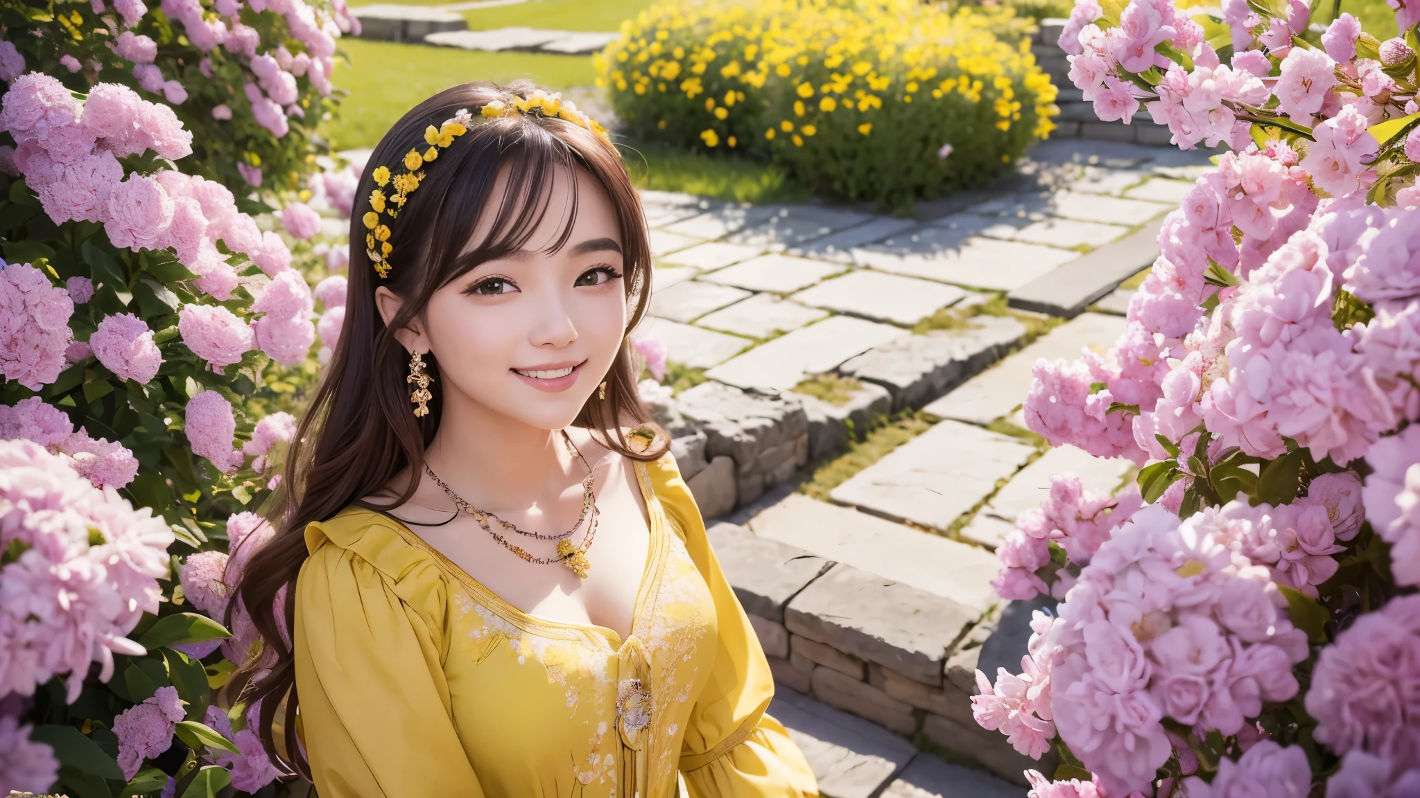 masterpiece, award winning, high quality, super detail, 8k, photo, simple pose, girl, (solo), smile, standing, ancient clothing, detailed clothes, dressed up, spring clothes, ancient accessories, (theme color is bright yellow and violet), complemented with a necklace, from above, (close up of face), (portrait style), in the flower garden, classic European style, in early spring, natural daylight, direct sunlight, harmonious color palette and composition