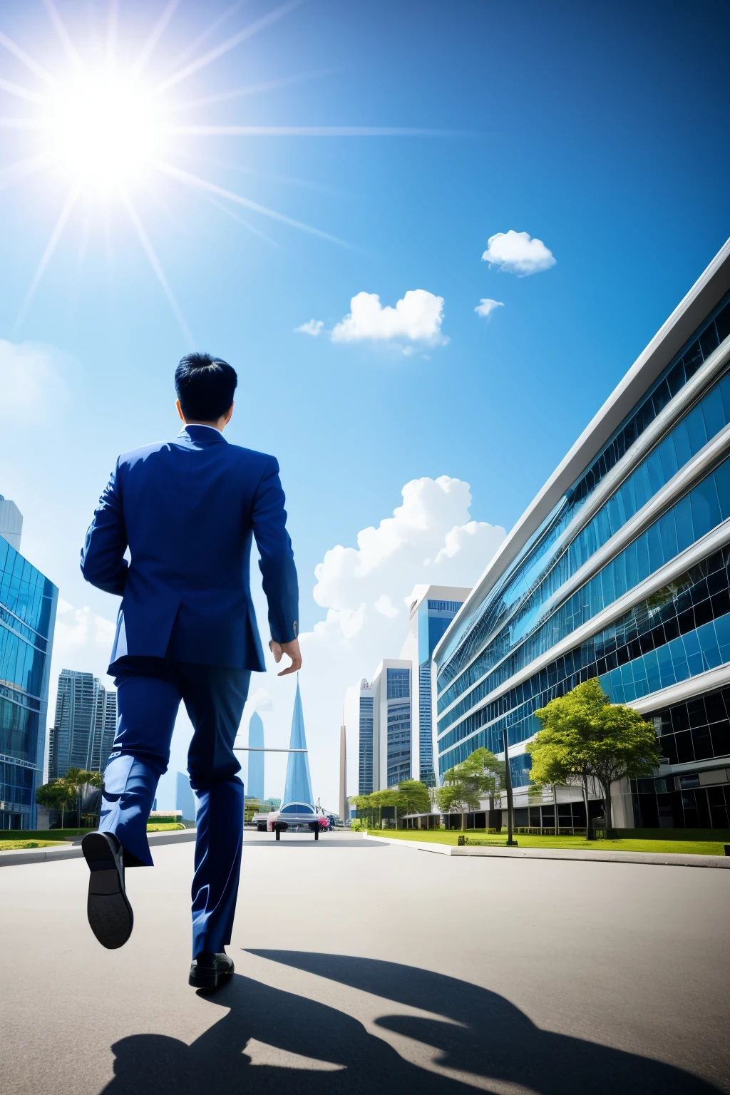 A businessman in a formal Chinese dress, with a happy expression and a computer bag in hand, is depicted in a back view as he runs towards the entrance of a grand company gate. The impressive building, adorned with a blue logo, is bathed in the serene blue color scheme of the sky and white clouds above. The vector style illustration exudes an HD level of detail, making for a beautiful and dynamic presentation of this professional and modern scene.