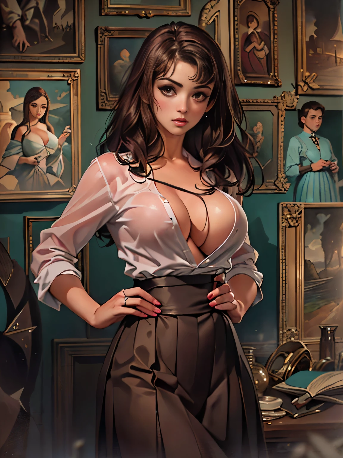 woman, solo, brown hair, dark brown eyes, butler, 
 middle shot, ( [owler style|uodenim style]:0.8), 
hyperrealism, [hanging breast],
masterpiece, professional, high quality, beautiful, amazing, sci-fi, unsplash, pleated skirt, very long hair, ,
masterpiece, highres,  4k, detailed background, overwrought, (sturdy:0.8), (by Wassily Kandinsky:0.8), (by Earl Norem:0.8),