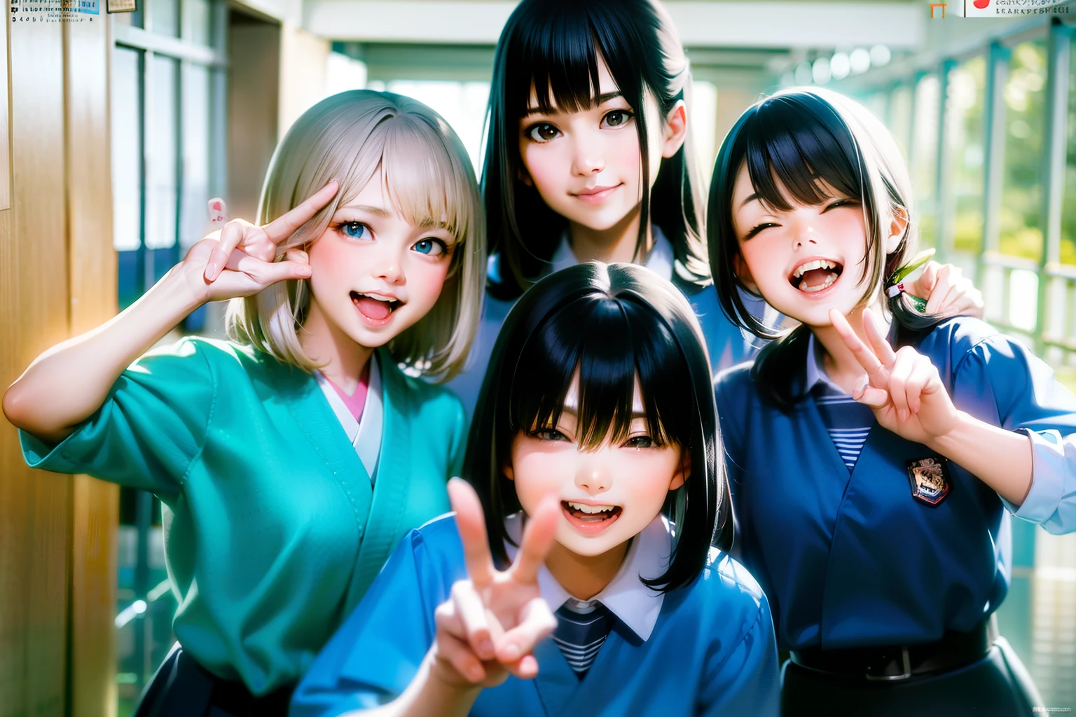 there are four girls posing in a school hallway, Japanese high school, 4A female high school student is making a peace sign, hair is black, はにかんだsmile, smile!! fantasy, various poses, 8k)), 2D anime style, laugh shyly, picture, Kyoto animation style, beautiful images, Japanese high school, high resolution