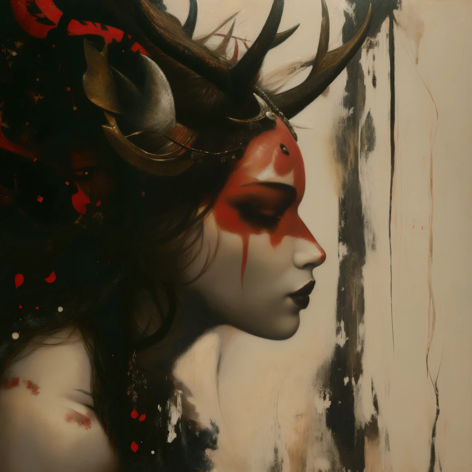 Profile portrait, werewolf, deer girl, painting of a woman with horns and blood on her face, stefan gesell, bastien lecouffe deharme, girl design lush horns, young woman with antlers, by Bastien L. Deharme, bastien lecouffe - deharme, karol bak and peter mohrbacher, amazing, portrait of demon girl