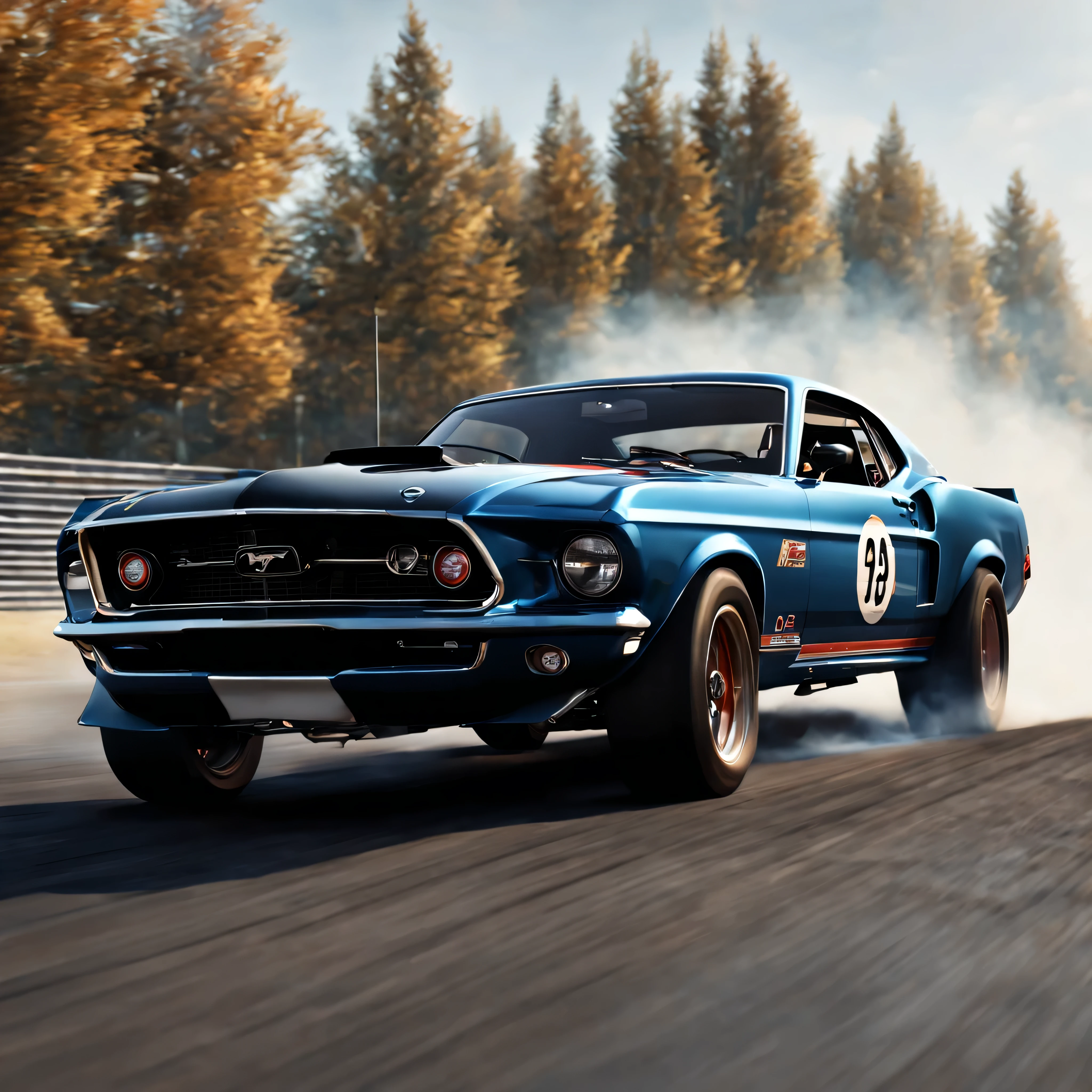 (best quality,4k,8k,highres,masterpiece:1.2),ultra-detailed,(realistic,photorealistic,photo-realistic:1.37),1969 Ford Mustang racing, vibrant colors, HDR, smoke coming from the tires, speed and motion blur effects, race track ambiance, high-octane energy, focused drivers, powerful engines, vintage racing atmosphere