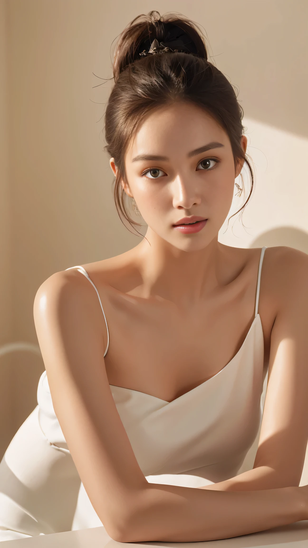 1 Women-centered,lower your head,Looks distressed，wearing white shirt, Model&#39;Skin health、bright, Sparkling cosmetic bottles，luxurious, skin care, flower, (Cosmetic photos), clean atmosphere, in the studio, Shot with a Hasselblad camera, medium format, dramatic lighting,