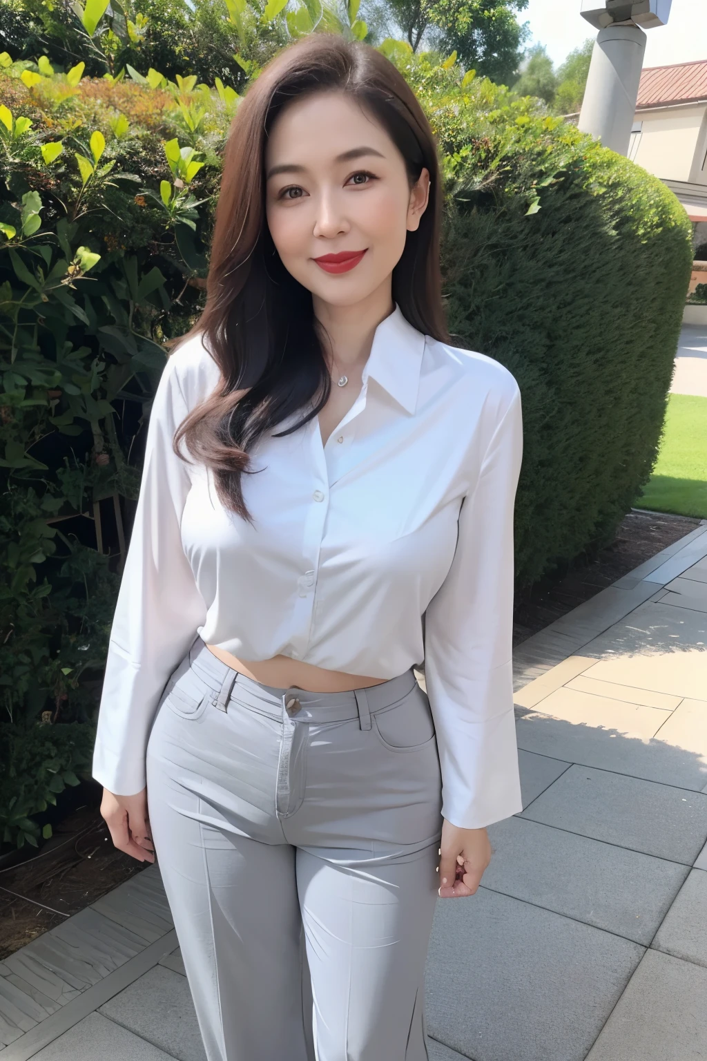 Draw lips correctly, red lipstick, from chest up, best quality, Super detailed, lifelike, Super fine skin, perfect anatomy, (1 日本Mature的女人), (alone),wear white shirt,gray pants,wavy long hair,37-year-old female,Mature,charming smile,outdoor background,stand,Leg length,Chubby,Big breasts,stand up,full-body shot