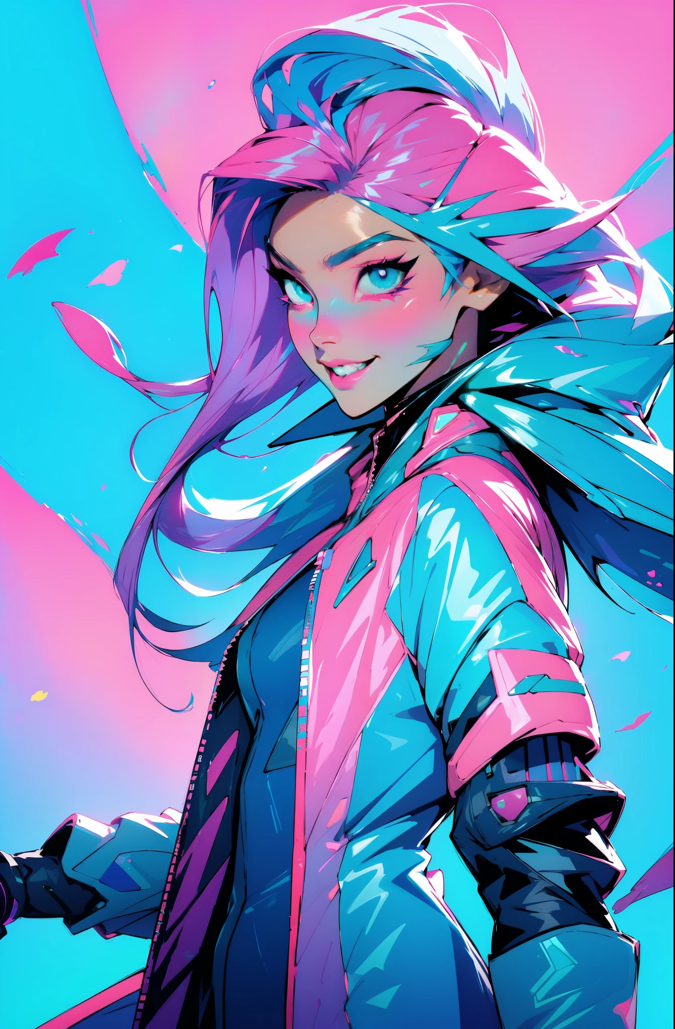cyberpunk female woman wearing (turquoise Jacket with chromatic accents:1.1), sleek pink and White full bodysuit, side view turning to face camera, (Petal Blush, Lagoon Blue color background:1.3), amazing smile, looking at camera, golden hour