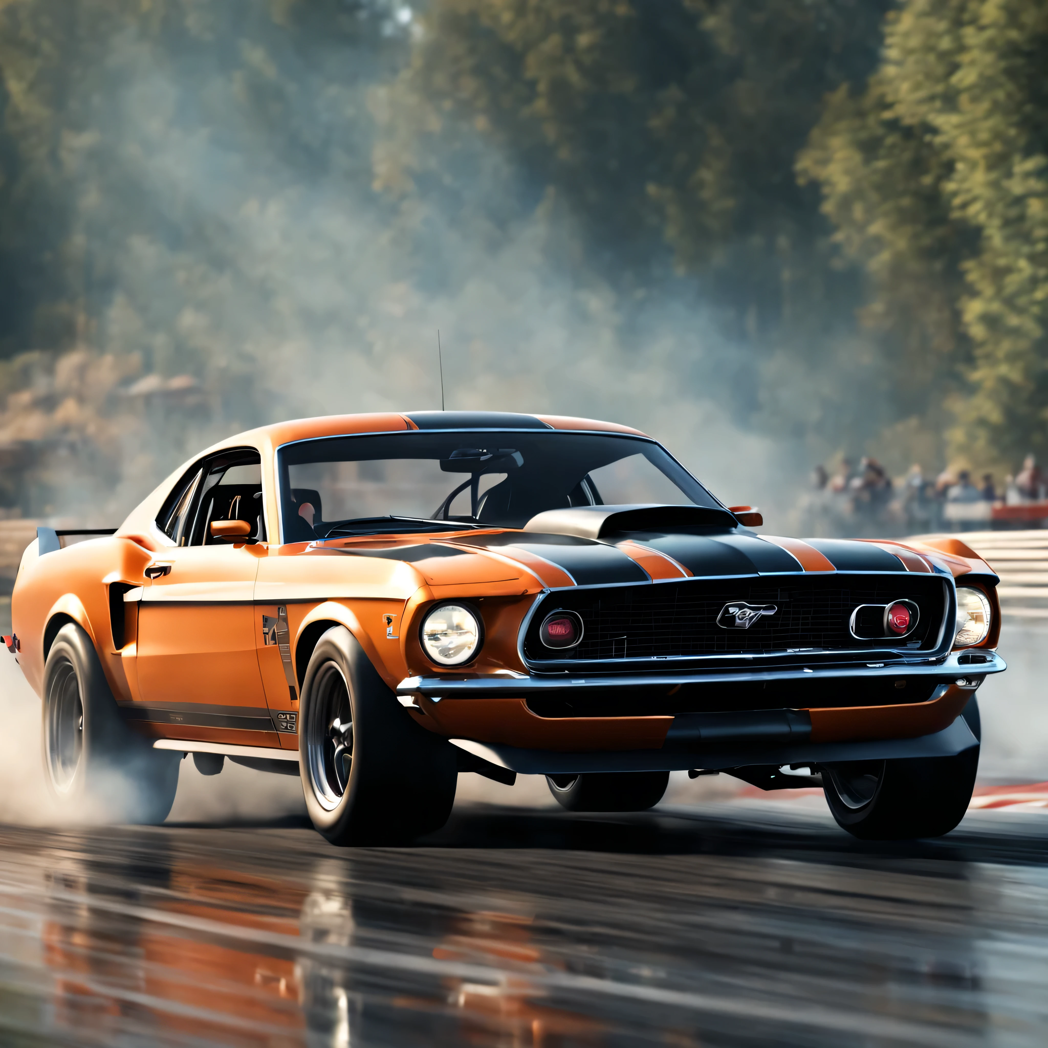 (best quality,4k,8k,highres,masterpiece:1.2),ultra-detailed,(realistic,photorealistic,photo-realistic:1.37),1969 Ford Mustang racing, vibrant colors, HDR, smoke coming from the tires, speed and motion blur effects, race track ambiance, high-octane energy, focused drivers, powerful engines, vintage racing atmosphere