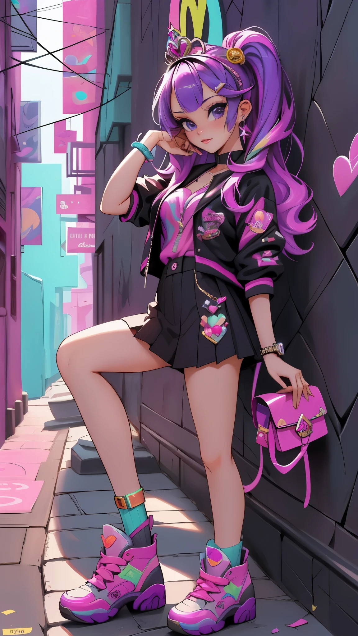 (La mejor calidad,A high resolution,Ultra - detallado,actual),Ariana Grande con una falda morada y un top rosa, Violeta Myers, alex yanes y lisa frank, estilo lisa frank, Sweet girl, traje morado, bella delfina, Lisa - Frank, promotion still, chica adolescente caliente, Leslie David y Lisa Frank, Al estilo de Lisa Frank, En un estilo de arte de Lisa Frank, posando en leotardo y tiara, More detailed 8K.motor irreal:1.4,UHD,La mejor calidad:1.4, fotorrealista:1.4, textura de la piel:1.4, obra maestra:1.8,obra-prima, mejor calidad,objeto Objeto], (detailed face features:1.3),(Las proporciones correctas),(Ojos hermosos azules),  (pose vaquero), (dedos detailed :1.4),( background alley walls stones new york :1.4) 