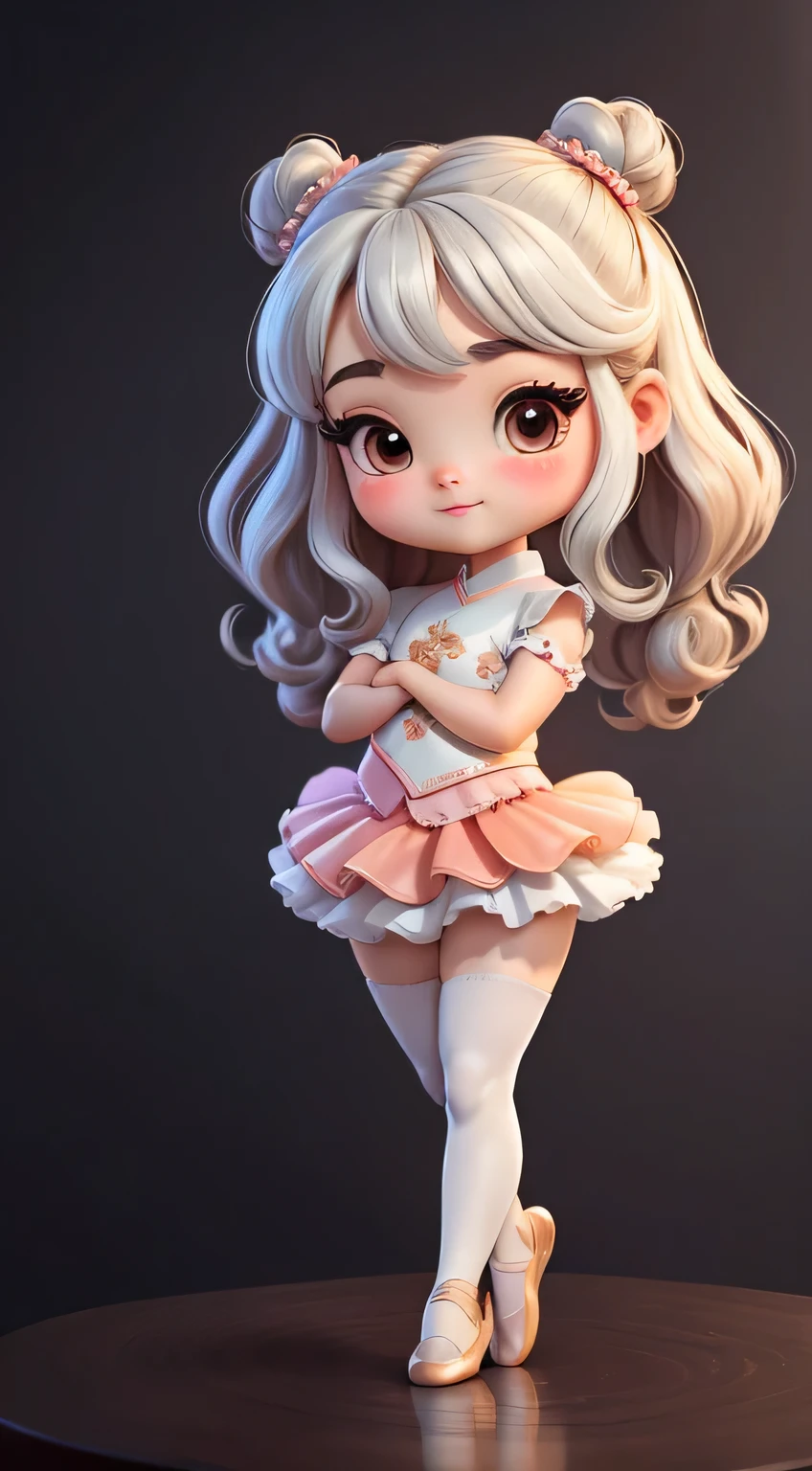 Chinese ancient style girl,With a cute ballet theme,Create a collection of adorable chibi baby style dolls, Each with tons of detail and 8K resolution. All dolls should follow the same solid color background pattern and be complete within the image, exhibit (whole body, including legs: 1.5)
mini ballerina doll: Just call her Tang Xiaoyue. She must have long curly hair, stuck in double bun, Black, silver and light brown. Your eyes should be large and expressive, long eyelashes and rosy cheeks. Smile is delicate and white. modern accessories. Tang Xiaoyue must wear a Tang-style tutu. She must wear ballet accessories. Certifique-se de adicionar detalhes nas clothing, like skirt and gloss, Cute sneakers must be shaded, Hair texture and details, clothing, Ballet paraphernalia, Make them more cute and charming.