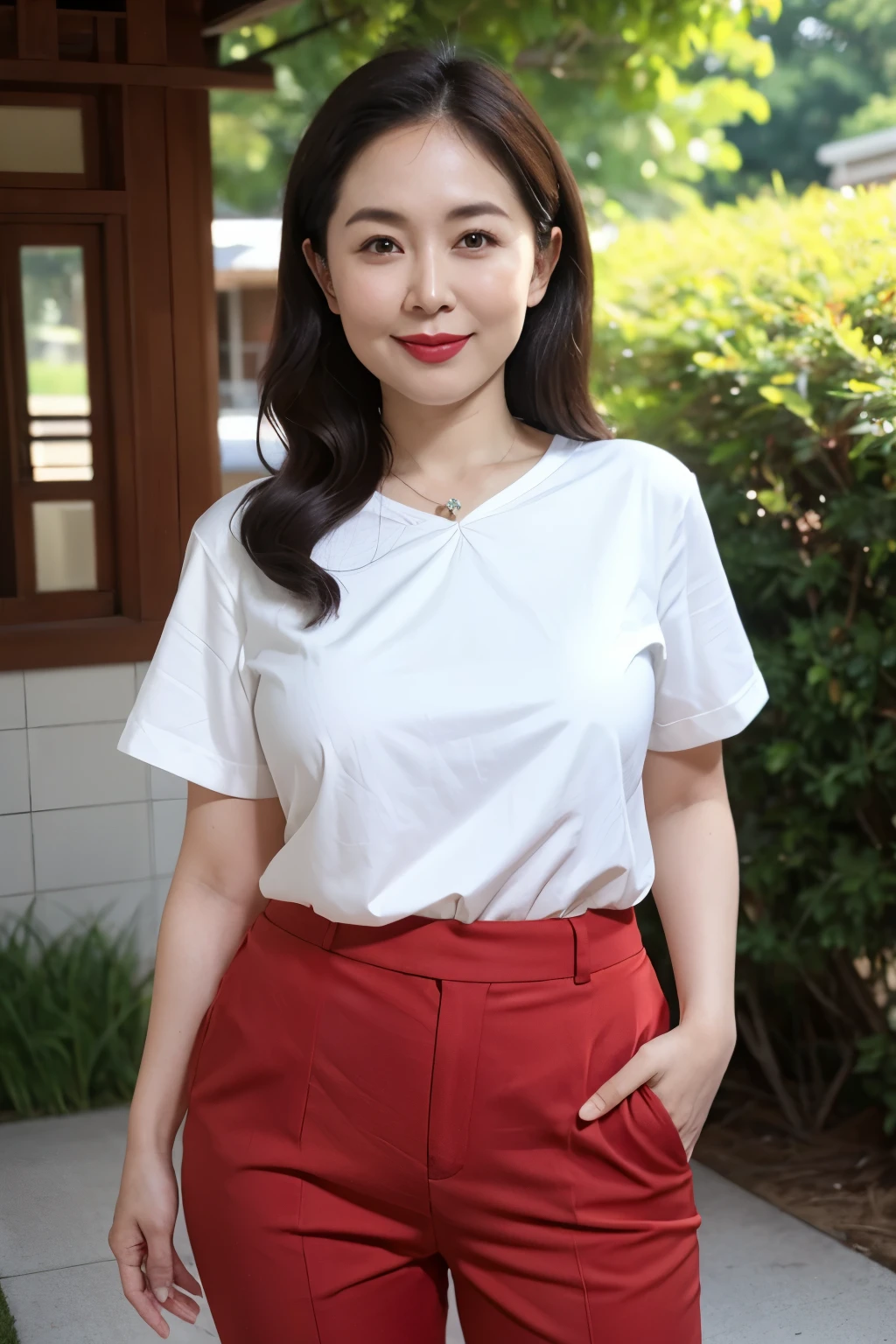 Draw lips correctly, red lipstick, from chest up, best quality, Super detailed, lifelike, Super fine skin, perfect anatomy, (1 日本Mature的女人), (alone),wear white shirt,short sleeves,green pants,wavy long hair,37-year-old female,Mature,charming smile,outdoor background,stand,Leg length,Chubby,Big breasts,stand up,full-body shot