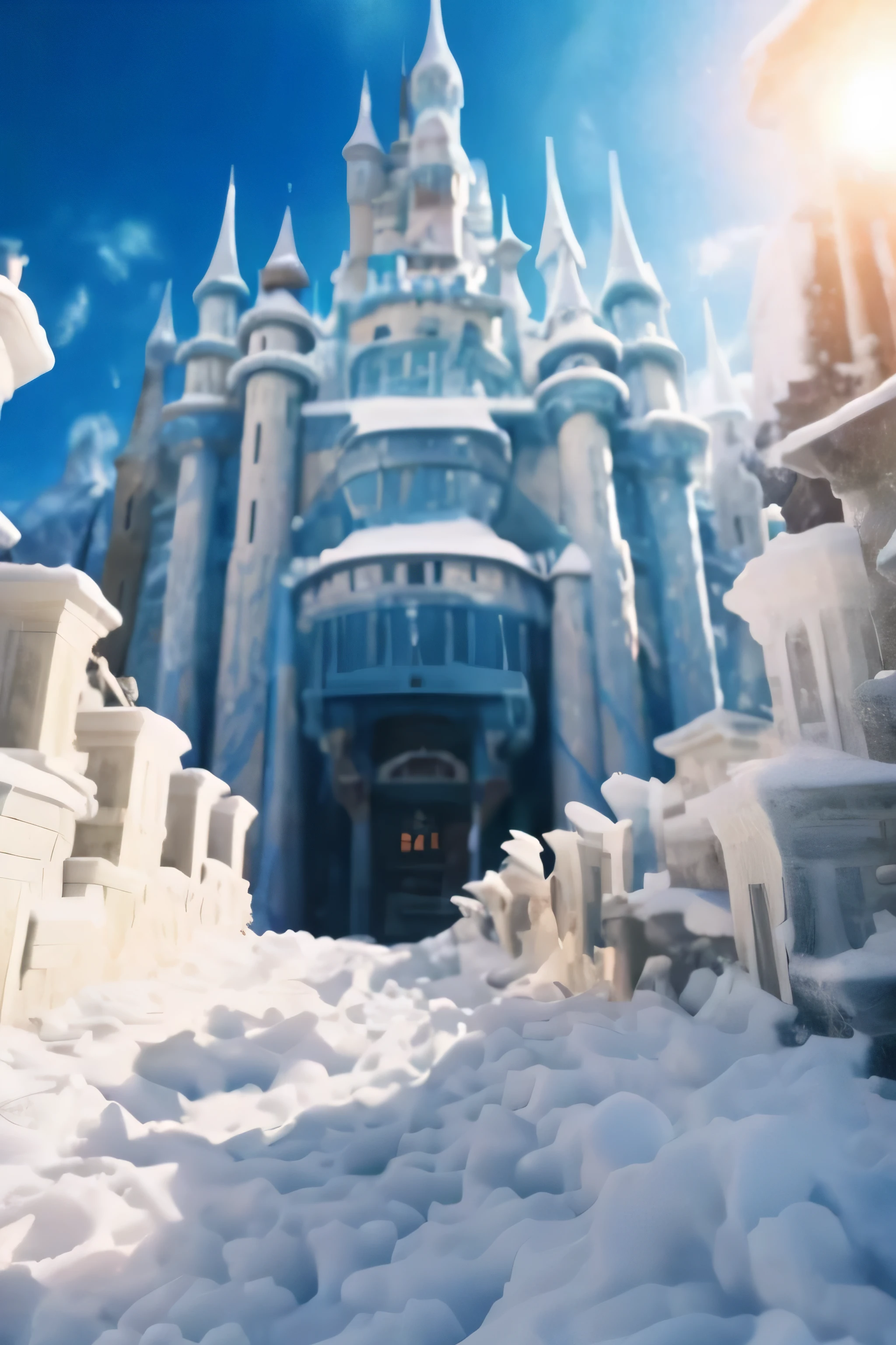 Close-up of a castle with a lot of snow on the ground, Ice City 2 0 8 0, Unreal Engine movies, Beautiful fairy tale rendering, disney animation style, Detailed cinematic rendering, Fantasy style 8K Octane rendering, global illumination. Visual effects, movie establishing shot, Cinematic smooth Unreal Engine, Cinema 4d movie rendering, Unreal Engine Smooth