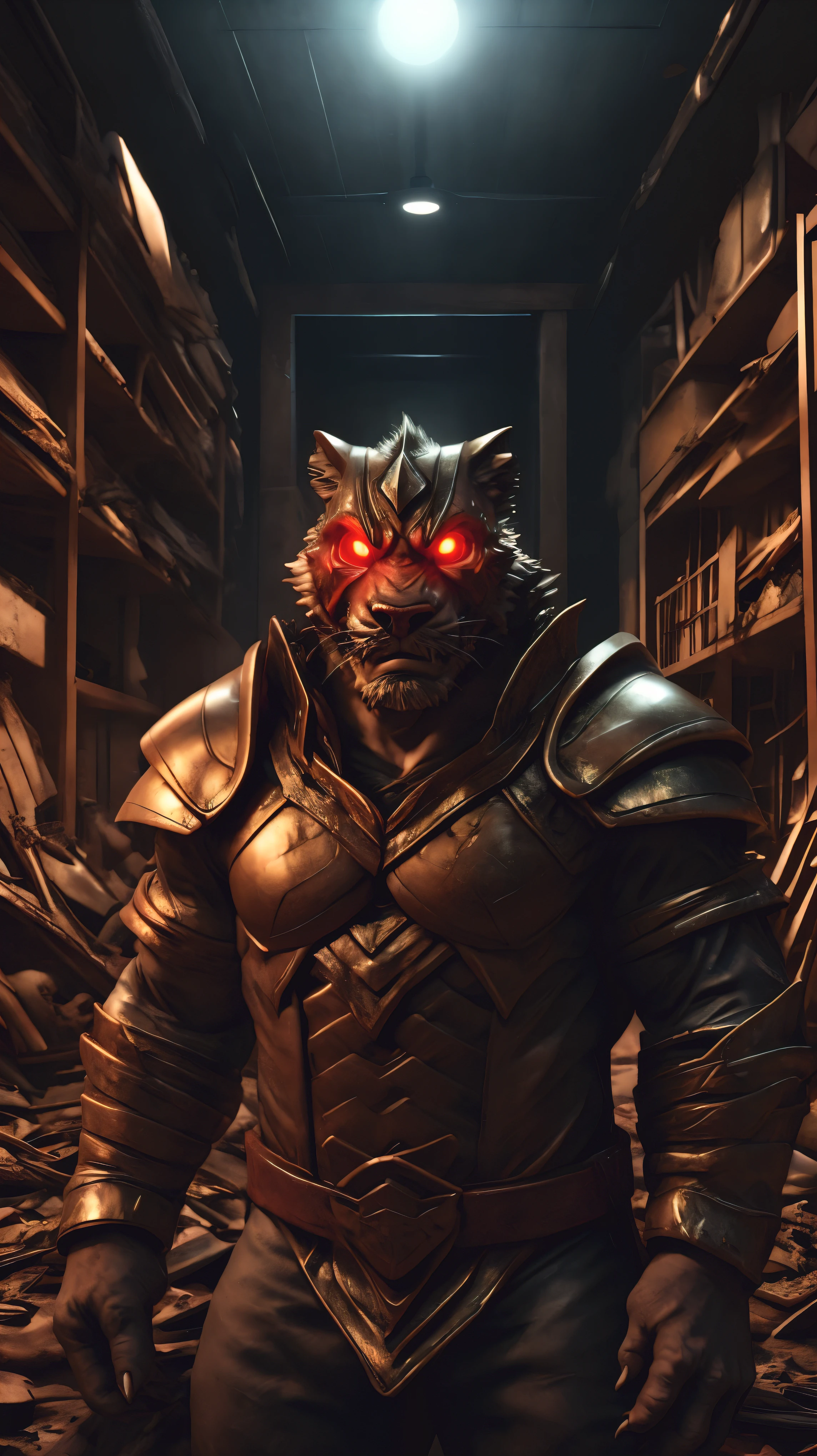 3D epic portrait of Samuel Ayers gazing at the viewer with a serious expression, bright red glowing eyes in the dark, wearing golden armor, against a realistic background of a completely destroyed store.