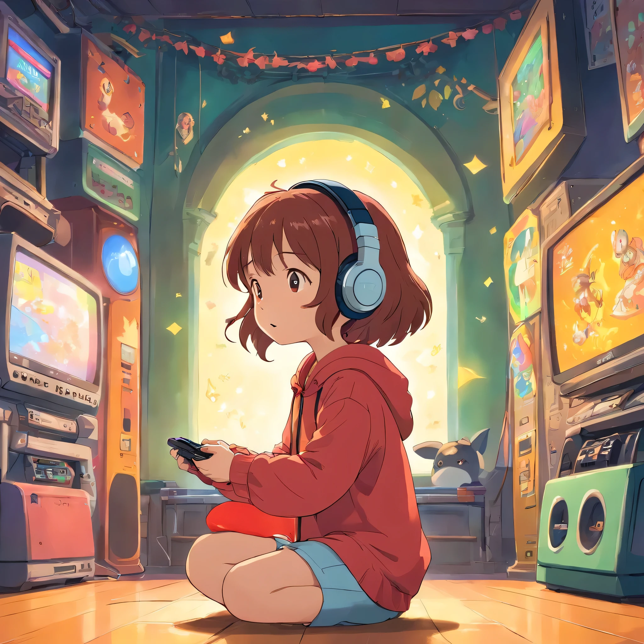 Little girl wearing headphones playing games,Game console in hand,Please keep an eye on the console,floating in the air,The background is a bright color,comic style