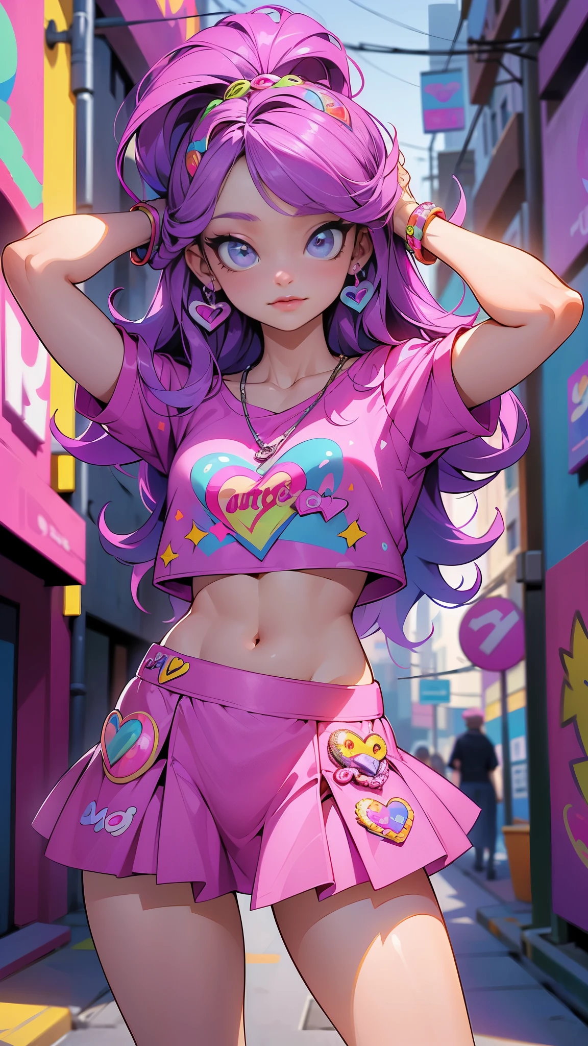 (La mejor calidad,A high resolution,Ultra - detallado,actual),Ariana Grande con una falda morada y un top rosa, Violeta Myers, alex yanes y lisa frank, estilo lisa frank, Sweet girl, traje morado, bella delfina, Lisa - Frank, promotion still, chica adolescente caliente, Leslie David y Lisa Frank, Al estilo de Lisa Frank, En un estilo de arte de Lisa Frank, posando en leotardo y tiara, More detailed 8K.motor irreal:1.4,UHD,La mejor calidad:1.4, fotorrealista:1.4, textura de la piel:1.4, obra maestra:1.8,obra-prima, mejor calidad,objeto Objeto], (detailed face features:1.3),(Las proporciones correctas),(Ojos hermosos azules),  (pose vaquero), (dedos detailed :1.4),( background alley walls stones new york :1.4), (perfect anatomy), (showing children&#39;s print panties :1.4) 