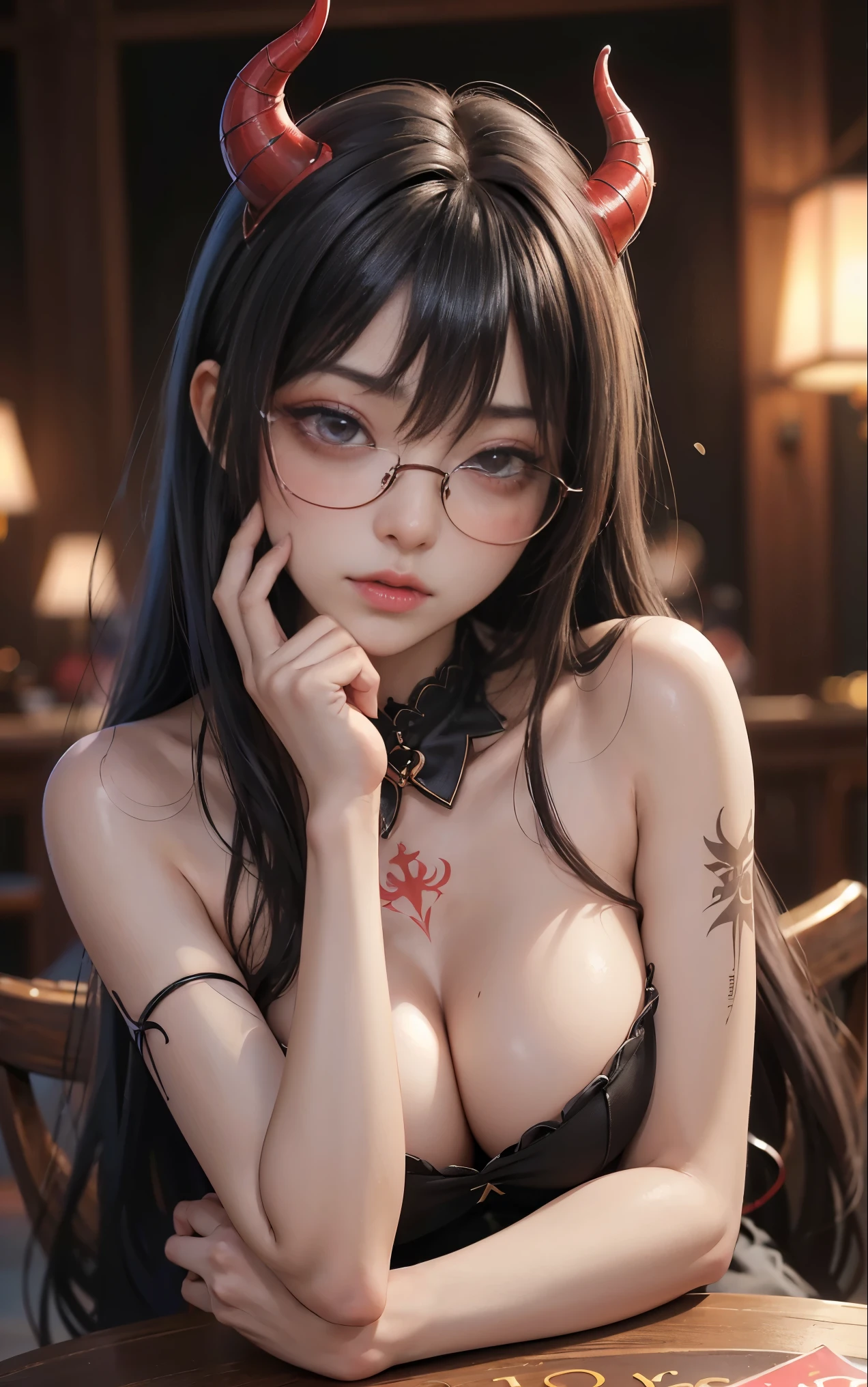 got itですかですか、(best illustrations)、8k UHD resolution、intricate details、highest quality、realistic、Super detailed、best lighting、best shadow、soft lighting、ultra hd、超realistic、Tyndall effect、Photoreal、(high detail skin:1.2)、 (intricate details, compensate, face to face with the children_v1:0.5), (got it, beautiful and delicate face, got itですか, beautiful and delicate eyes, perfectly proportioned face, high resolution skins, fine skin, Optimal ratio of 4 fingers and 1 thumb, arm under chest, red tattoo on lower abdomen、Wow wow, wide hips, smooth abdomen, thin and thin skin, __fashion__, __hair__:1.25)、Digital single-lens reflex camera、 absurd、(table top: 1.3), (maximum resolution: 1.2), (ultra hdTV: 1.2), cinematic light, fine eyes and skin, detailed facial features, , (sharp focus: 1.2）, (focus on the face:1.2),perfect style, beautiful face, acura, anatomically correct, Highly detailed face and skin texture, fine eyes, double eyelid, thin eyebrows, glitter eyeliner: 1 natural cheeks, Glossy skin, Fair skin: 1.2, (glossy lips: 1.4),(embarrassed look: 1.2),Highly detailed face and skin texture, fine eyes, double eyelid, natural cheeks,  glossy lips: 1.4,exposed cleavage、Bewitching。charm、 Beautiful devil woman from hell, デヴィッド・ホックニーとアルフォンス・ミュシャによる超realistic女性の肖像画, charm女性の肖像画、fantasy art, Chinese humanoid robot、chinese actress、dungeon、dragon、devil&#39;palace of、devil&#39;torture chamber、night、dark style 、in the dark、(detailed spooky background:0.8), magic、 1 girl、evil nun、dark necromancer、Succubus、devil&#39;Daughter of、Shinonome Umi、bat wings，(((devil&#39;Horn)))、 ((((giant glasses, otaku glasses, thick glasses, round glasses)))),(((big breasts)))、(devil&#39;tail)、(red eyesは光り輝いて:1.6)、red eyesは非常に鮮明で詳細です, your eyes are so beautifully made, ((red eyes:1.0)),intricate tattoo, demonic intricate tattoo, thigh tattoo, body tattoo, masterpiece、最もbeautiful face、baby face、cute smile、beautiful plump red lips、筋肉のcharm体、devilのcharm体、devil style、charmブラックマジックコスチューム、The long-haired、Braid、Black hair、Ponytail distortion、, Ponytail with a bow tied at the back of the hair, beautiful expression、body up、big breasts強調、bust,  super tight chest, Breast augmentation surgery, Breasts are very big and round,tight waist、wide ass、 secret key, cowboy lens, (black phoenix dress: 1.0),  devil crown,  red gemstone necklace、Jewelry G Wise,  Please wear black mesh socks,wearing light red、nffsw, nffsw, Meeting beautiful girls, look at the girl&#39;Main body,