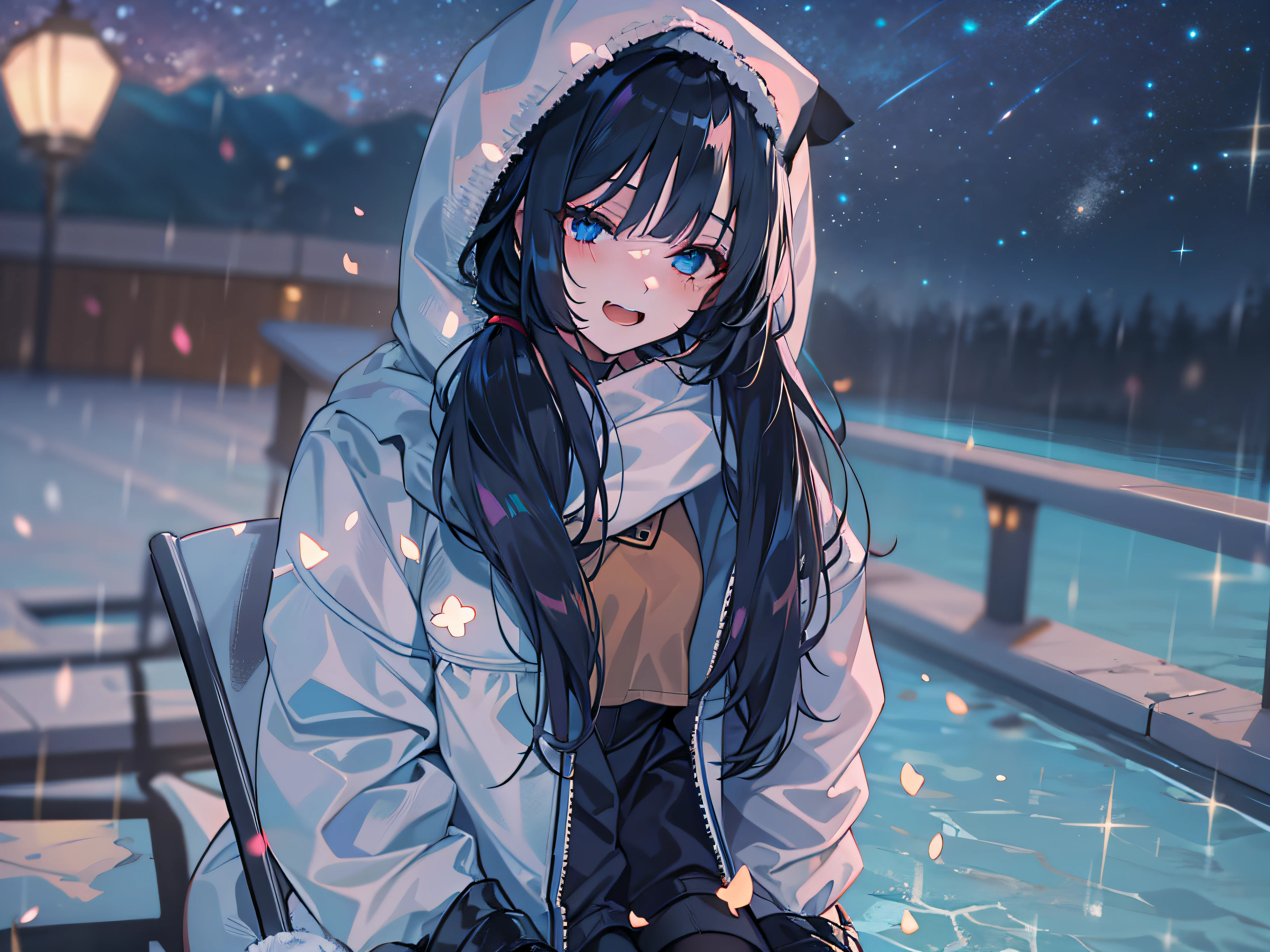 collants noirs，fille adolescente，starry eyes，Parka noire，starry sky，la nuit，dark blue hair，side ponytail，cheveux longs et blancs，bottes noires，hair covers one eye，Close an eye，Corps féminin parfait，petite fille， taille，1fille，Waiting for Startup