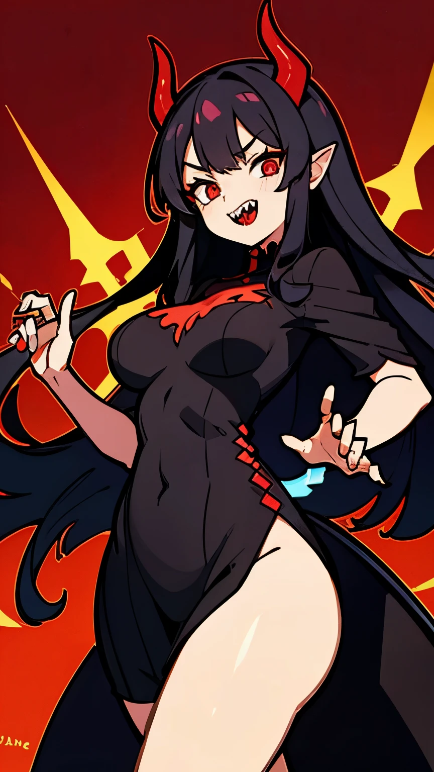 Mature curvaceous demon woman with long black hair, sharp teeth, glowing red eye, tail