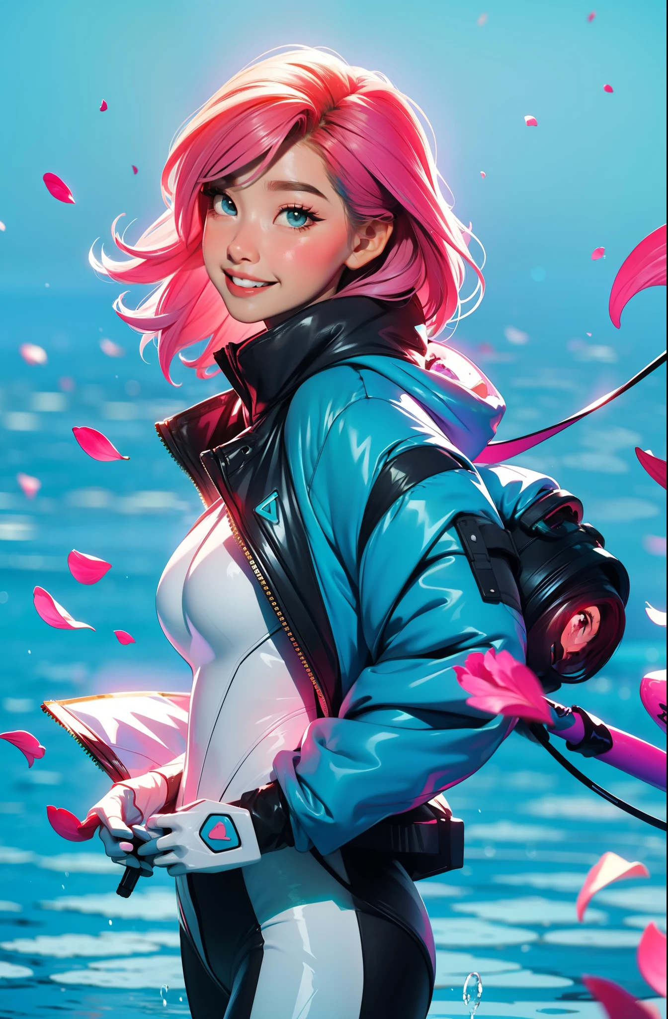 cyberpunk female woman (chromatic accents:1.1), sleek pink and White full bodysuit, side view turning to face camera, (Petal Blush, Lagoon Blue color background:1.3), amazing smile, looking at camera, golden hour