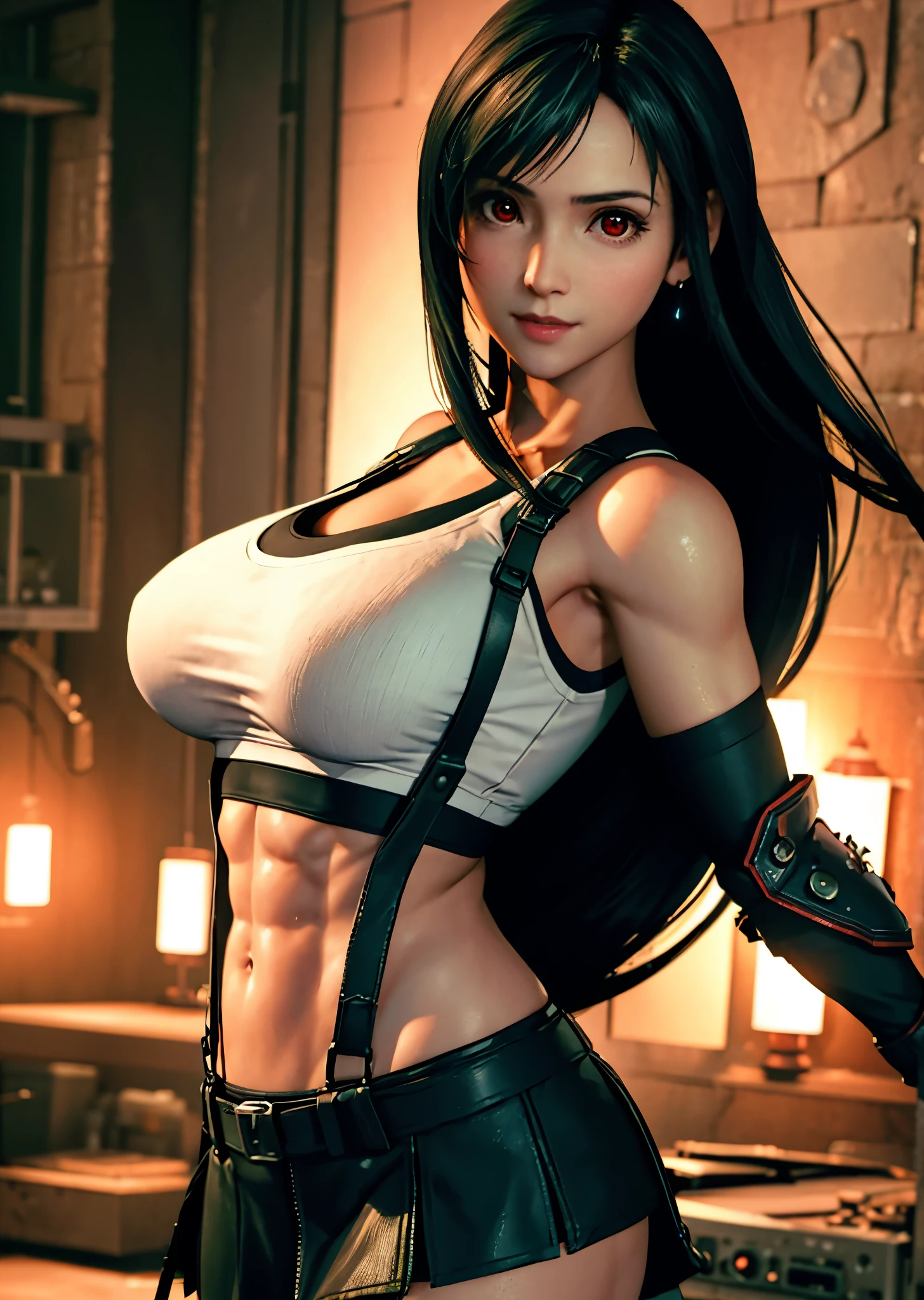 (Photorealistic: 1.4), top quality, very delicate and beautiful, high resolution, 1girl, tifa_lockhart, smile, cowboy shot, suspenders, low rise, mini skirt, tank top, tense shirt, black hair, long hair, elbow gloves, beautiful detailed red eyes, face light, movie lighting, navel, high exposure, abdomen exposure, ribs, abs, big breasts, dynamic poses, dynamic angles, (abs:1.3), (muscular:1.5)