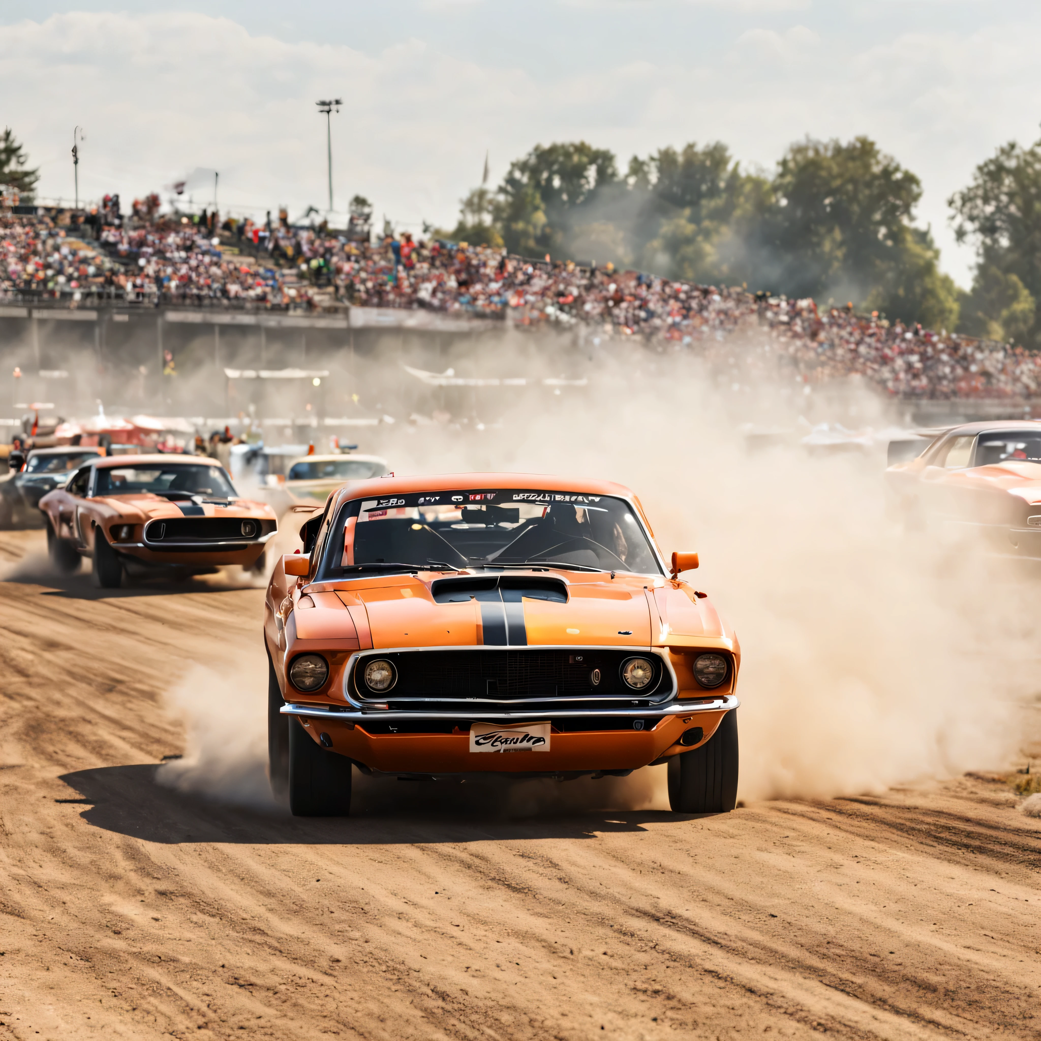 a racing track full of 1969 Ford mustangs, competing, smoke coming out of the tires, dirt, sunny day, spectators excited, great ambience. 