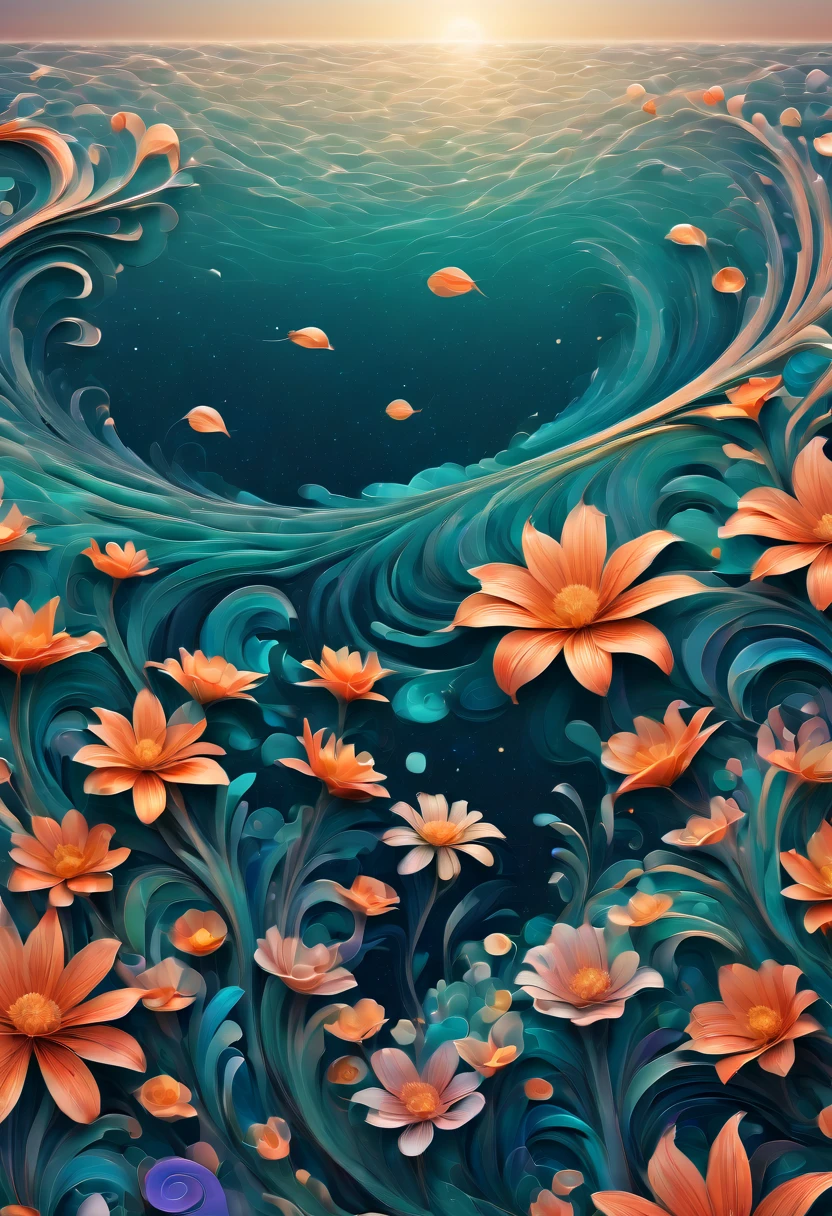 (best quality, highres, ultra sharp), magical sea of flowers, whirlpool, about the curvature of space time, flowers over the area, art deco, zentangle, 3d crunch, cinematic, on the seashore