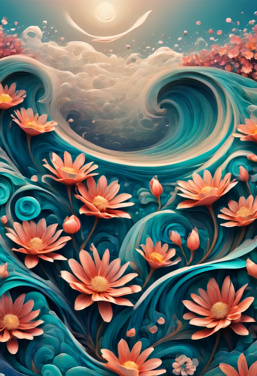 (best quality, highres, ultra sharp), magical sea of flowers, whirlpool, about the curvature of space time, flowers over the area, art deco, zentangle, 3d crunch, cinematic, on the seashore