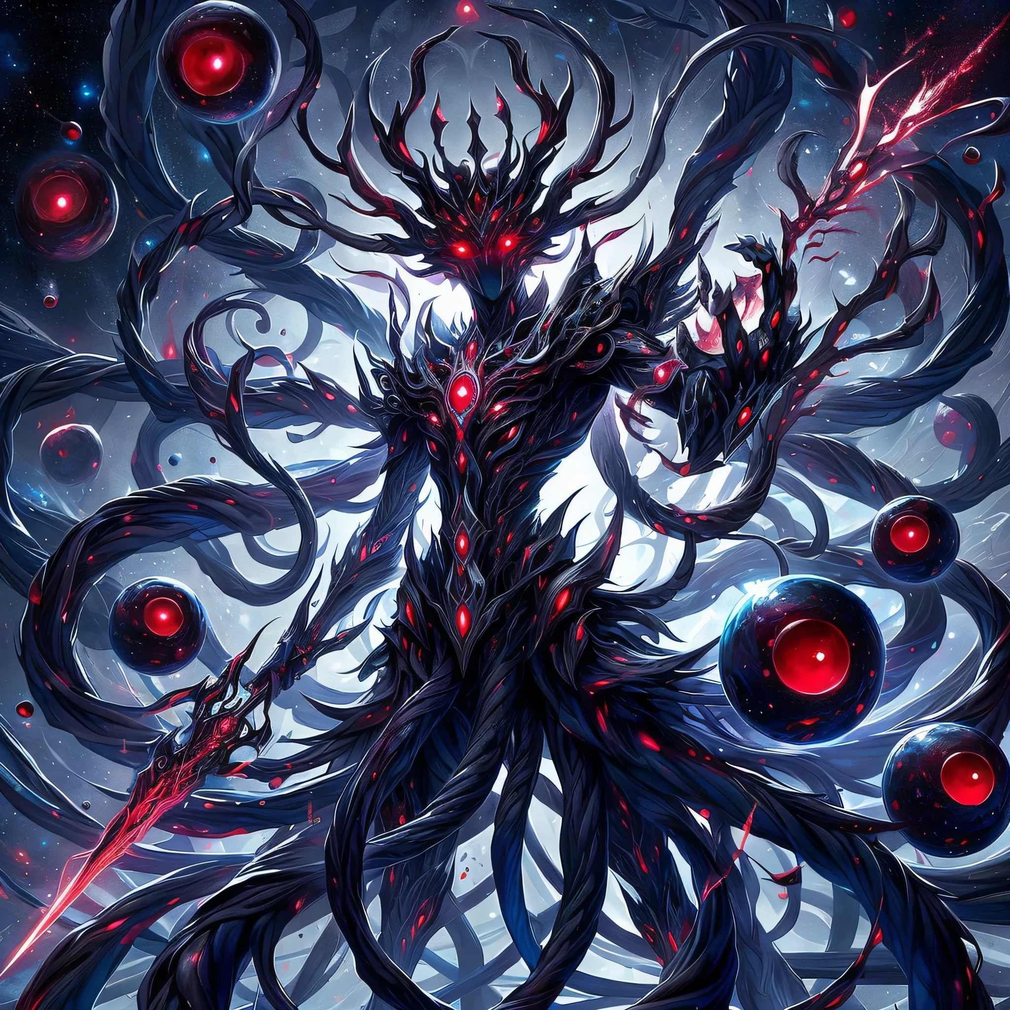 a close-up of a demonic creature with red eyes and long hair, trovão fractal e Mumford, e estilo Mumford e alex grey, e Mumford Tom Bagshaw, azathoth, black goddess with six arms, no estilo e arte de Mumford, Symmetrical epic fantasy art, arte oficial altamente detalhada, haha, e Mumford. arte conceitual