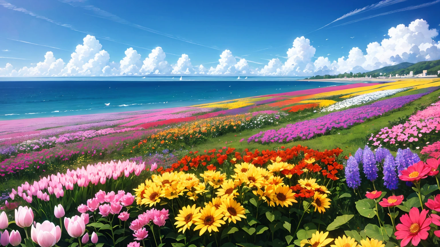 sea of flowers, with great variety of flowers, very mixed, different types of flowers, different size of flowers, multiple colors, horizon, sky