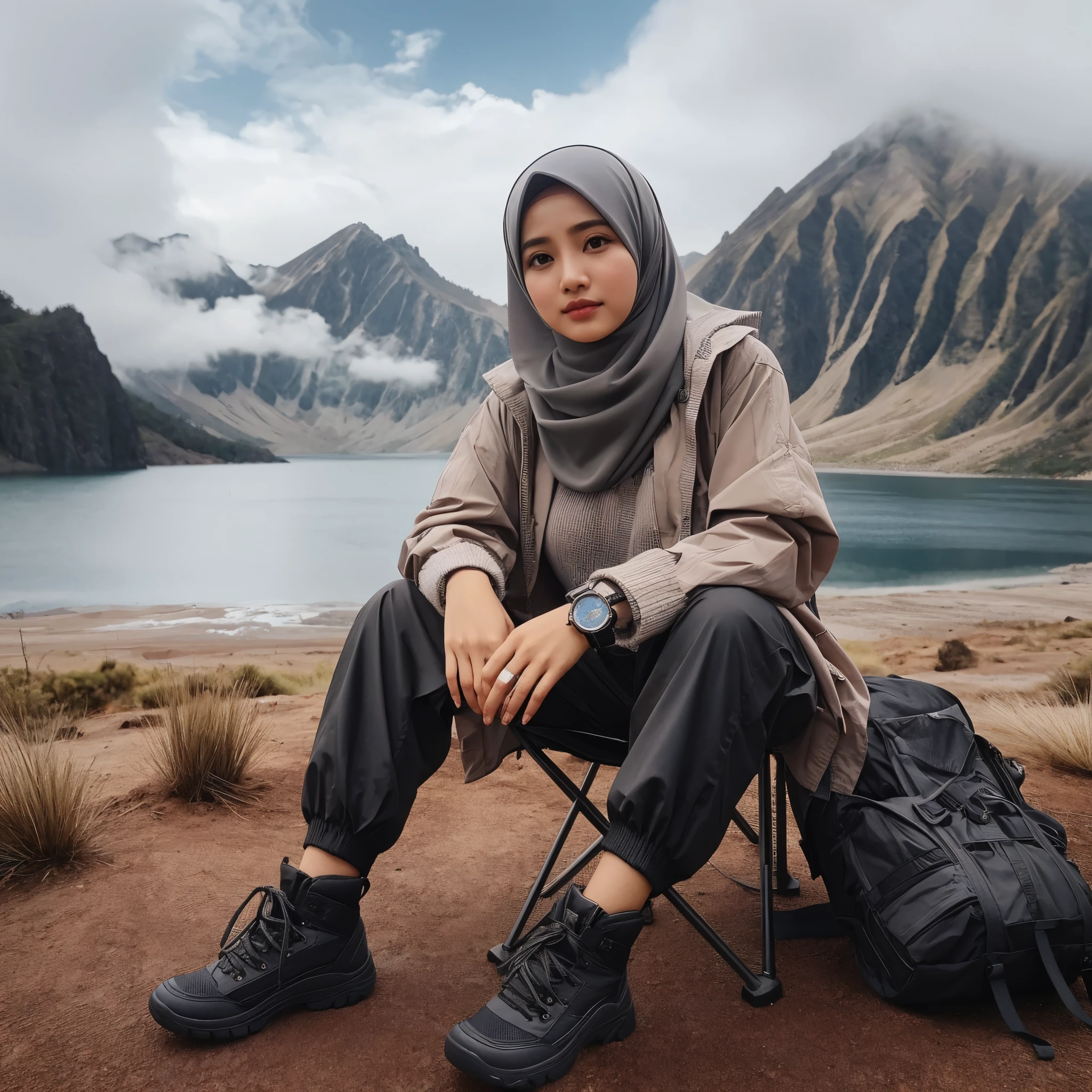 seorang wanita Indonesia memakai hijab dan pakaian berpetualang, memakai celana hitam dan jam tangan, sedang duduk di kursi lipat, dengan pemandangan danau dan gunung yang menakjubkan, wajah menghadap depan, senyum tipis, realistis foto.