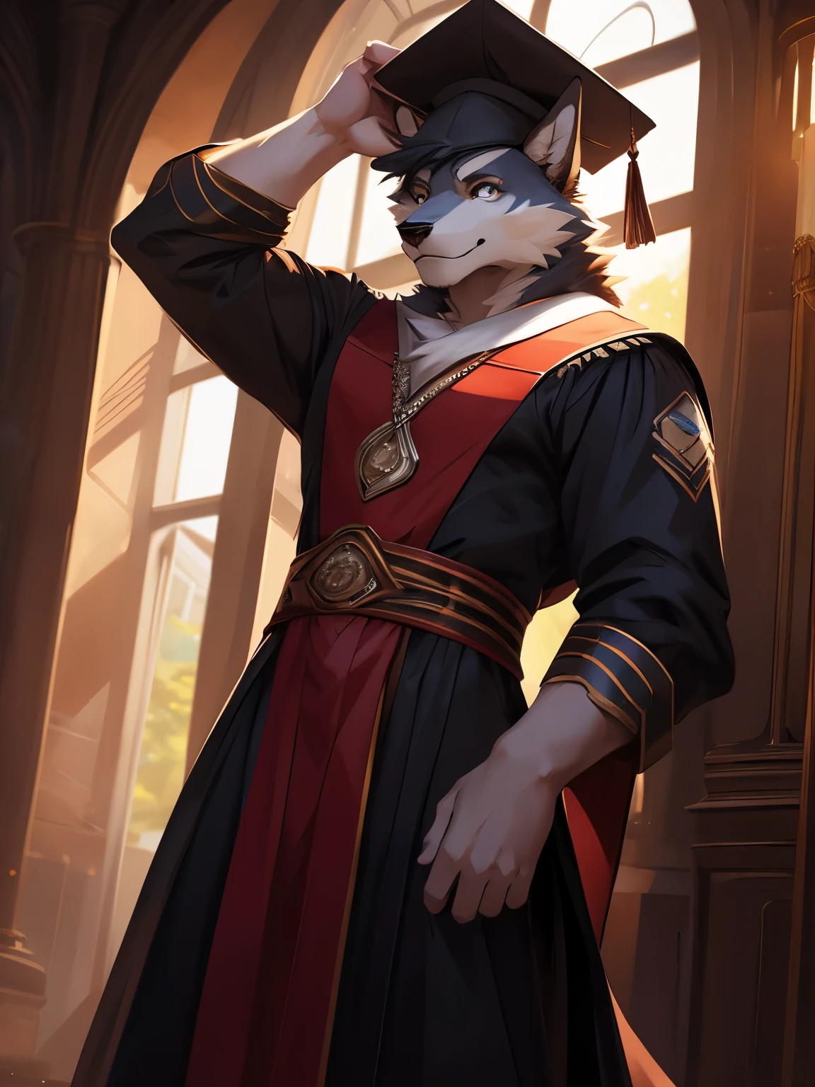 4k, high resolution, best quality, perfect colors, perfect shadows, perfect lighting, posted on e621, (by Chunie, by canyne khai, by t.y.starale), male, furry, Wolf anthro, solo, white fur, Silver eyes, (Realistic eye details 1.2), graduation hat, wearing college graduation dress, dress neatly, elegantly, Full body like, Slim body, Masterpiece, dramatic lighting, soft lighting, day, highly detail, Hair coiled, fit body, perfect male figure, Detailed fur, Detailed face, Perfect face, Detailed background, (Complex), (Super Detail), (Ultra Clear), (Best Quality)