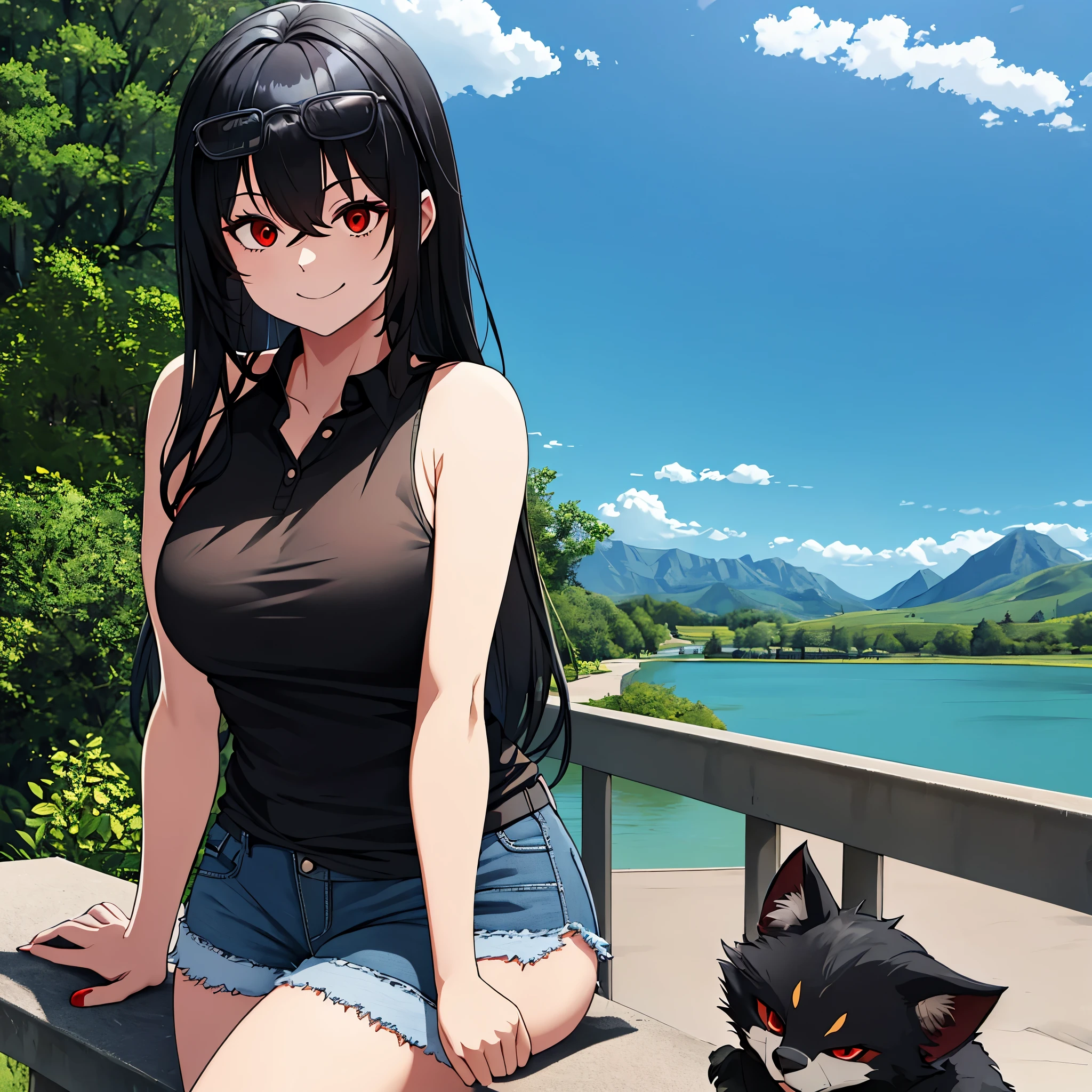 a woman wearing a black sleeveless shirt, wearing denim shorts, black hair, red eyes, in a park near a lake, smiling
