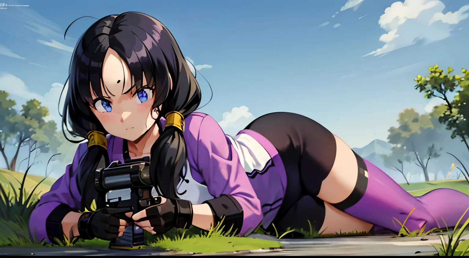 Assault rifle, combat girl, muzzle flash,purple tight suit,streak,masterpiece, highest quality,High resolution, , 1girl,gun,girl,he saw,saw 2, blue eyes, black hair, Low twintails and short cut, dense forest,Bottomless swamp
