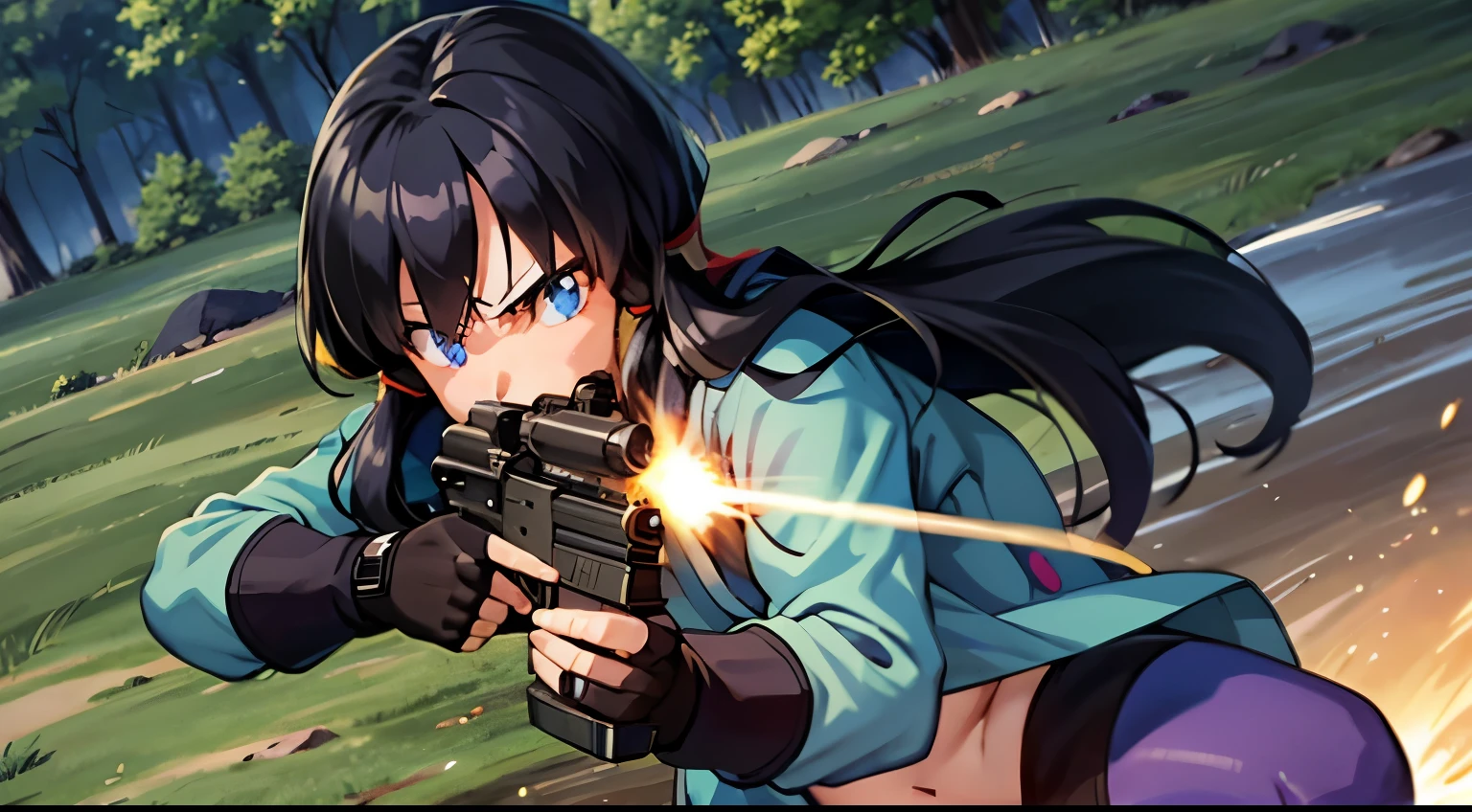 Assault rifle, combat girl, muzzle flash,purple tight suit,streak,masterpiece, highest quality,High resolution, , 1girl,gun,girl,he saw,saw 2, blue eyes, black hair, Low twintails and short cut, dense forest,Bottomless swamp