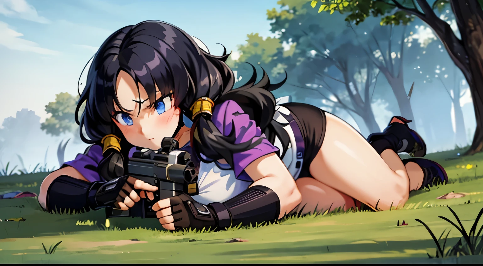  Assault rifle, combat girl, muzzle flash,purple tight suit,streak,masterpiece, highest quality,High resolution, , 1girl,gun,girl,he saw,saw 2, blue eyes, black hair, Low twintails and short cut, dense forest,Bottomless swamp