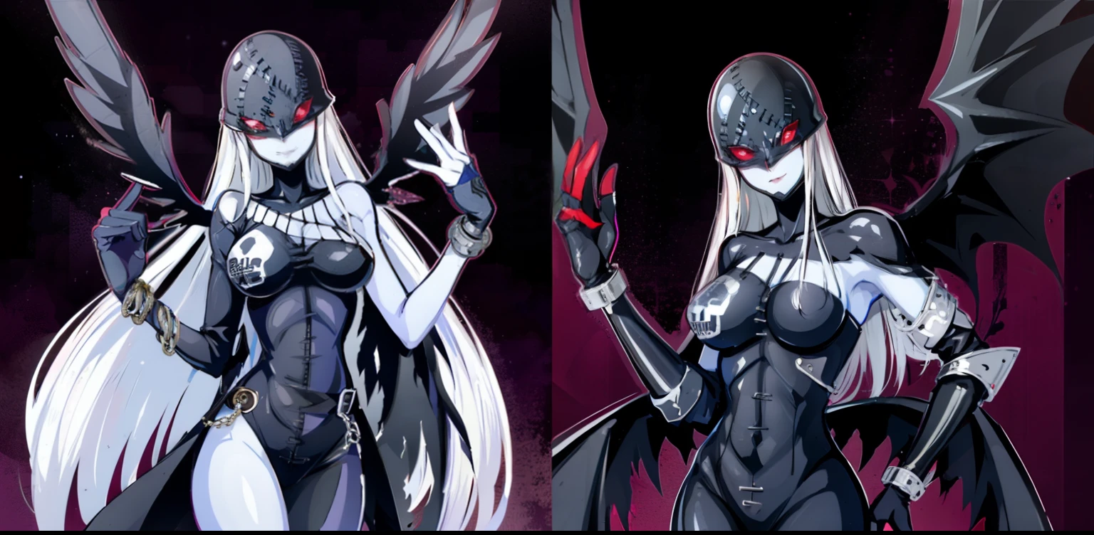 woman, detailed body, large bust, sky blue skin, long straight gray hair, very fitted black leather suit that sticks to the skin, flirtatious smile, casual pose, leather mask that covers her head and ends under her eyes, eyes red, ultra detailed, fine nose, only one person, stage, forest, She has the appearance of a tall woman, in the form of a demon with red eyes, semi-long hands, a high-pitched and hoarse voice, chains hanging all over her body, white hair and pale skin. The order of her boots is reversed with that of Angewomon since one has a long boot on the right side and another short boot on the left side, while the other is the opposite.