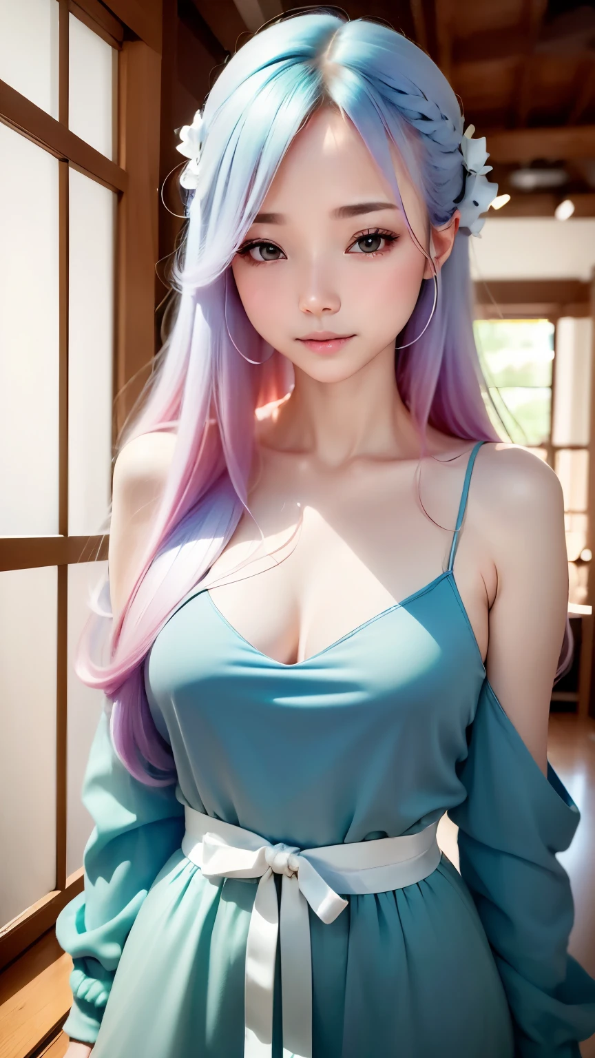 one woman、(((Beautiful gradient hair)))、((( big ribbon hair ornament)))、very cute、camisole dress、simple background、background is blurry、An ennui look、small breasts、perfect lighting、cinematic lighting、(smile:0.2), (highest quality:1.0), (超A high resolution:1.0) ,(realistic:1), (Super detailed:1.0), (8K RAW写真:1.1),