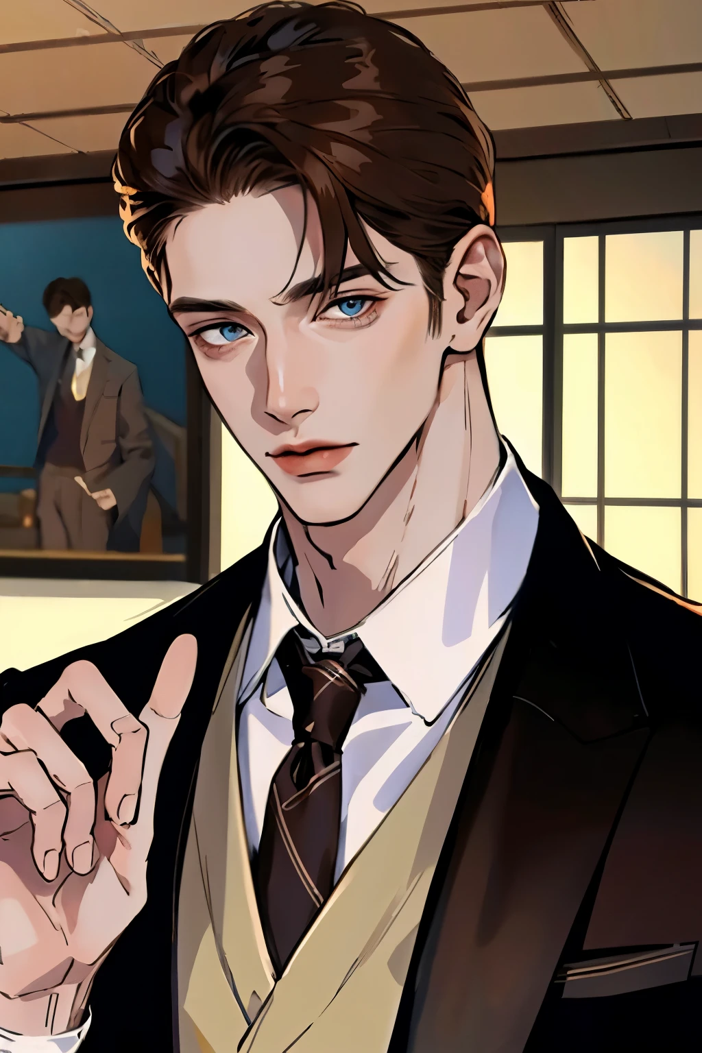 real, (highest quality、masterpiece:1.3), fine eyes and detailed face, suit, Solo Mature Men, tall muscular man, brown hair, gentleman, ((best quality)), perfect face, Japanese