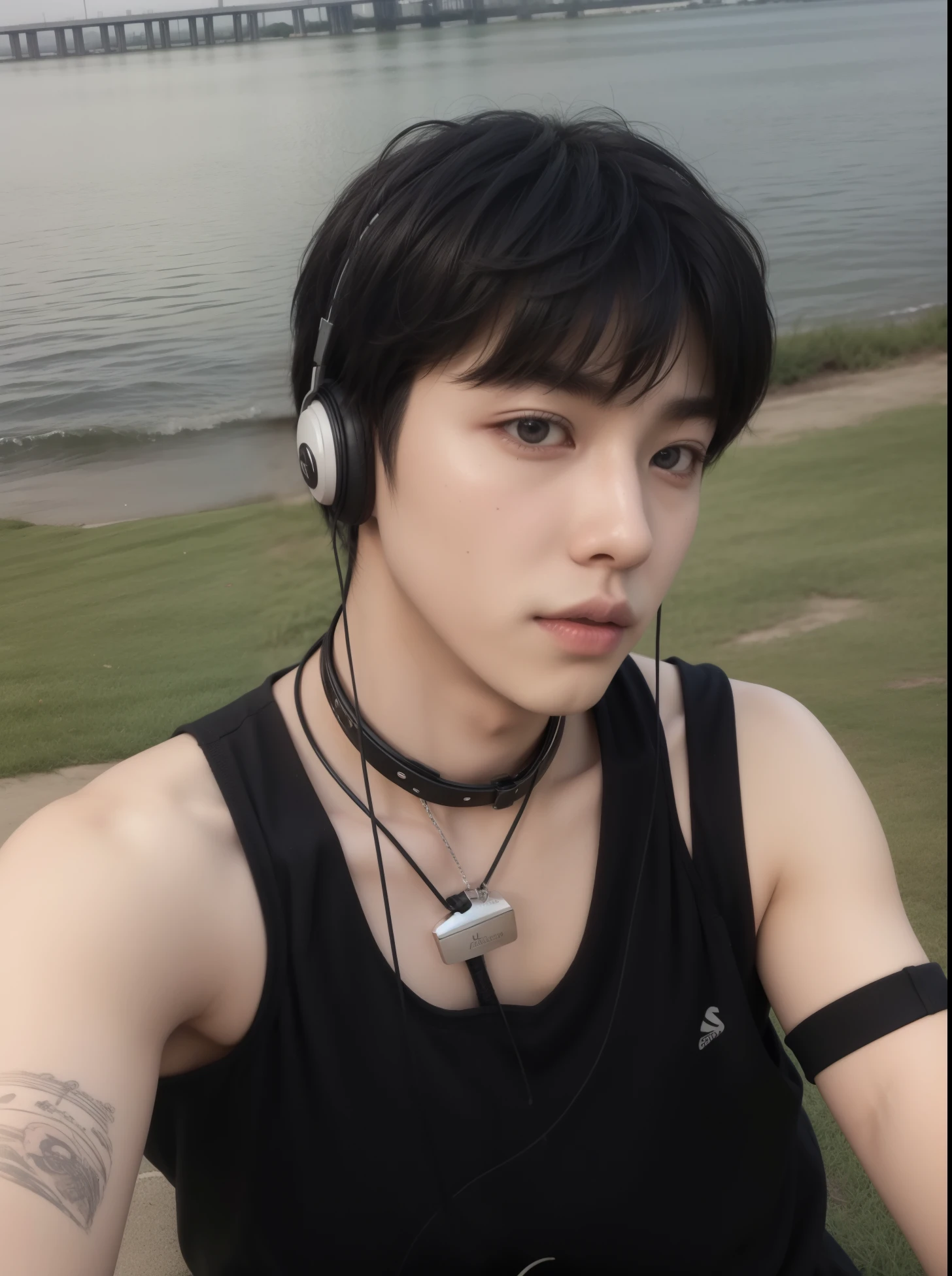 arafed asian man with headphones sitting in front of a body of water, kim doyoung, cai xukun, hong junio hyung, hombre surcoreano, pintar ulzzang, yanjun chengt, jinyoung shin, chen xintong, hyung tae, chen longque, wenjun lin, kanliu666, steve zheng, kim taejin, tae bts, kim taehyung, jin bts, rostro adorable, angelical, cute face, realista
