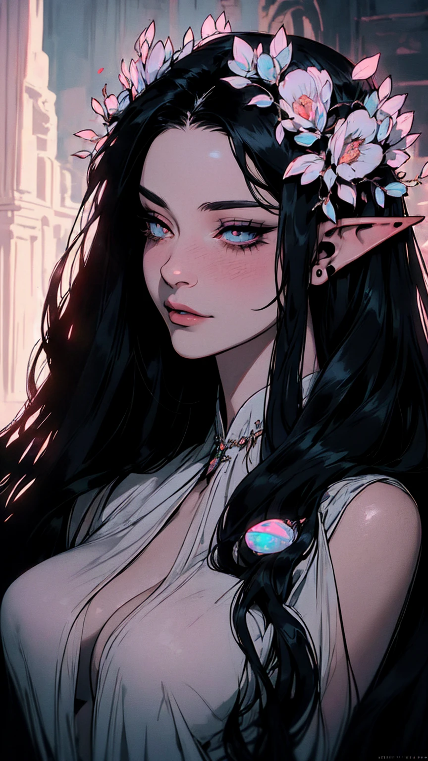 hyper-realistic  of a mysterious woman with flowing black hair, ears of elf,  piercing opal eyes, and a delicate floral crown, delicate smile,  upper body