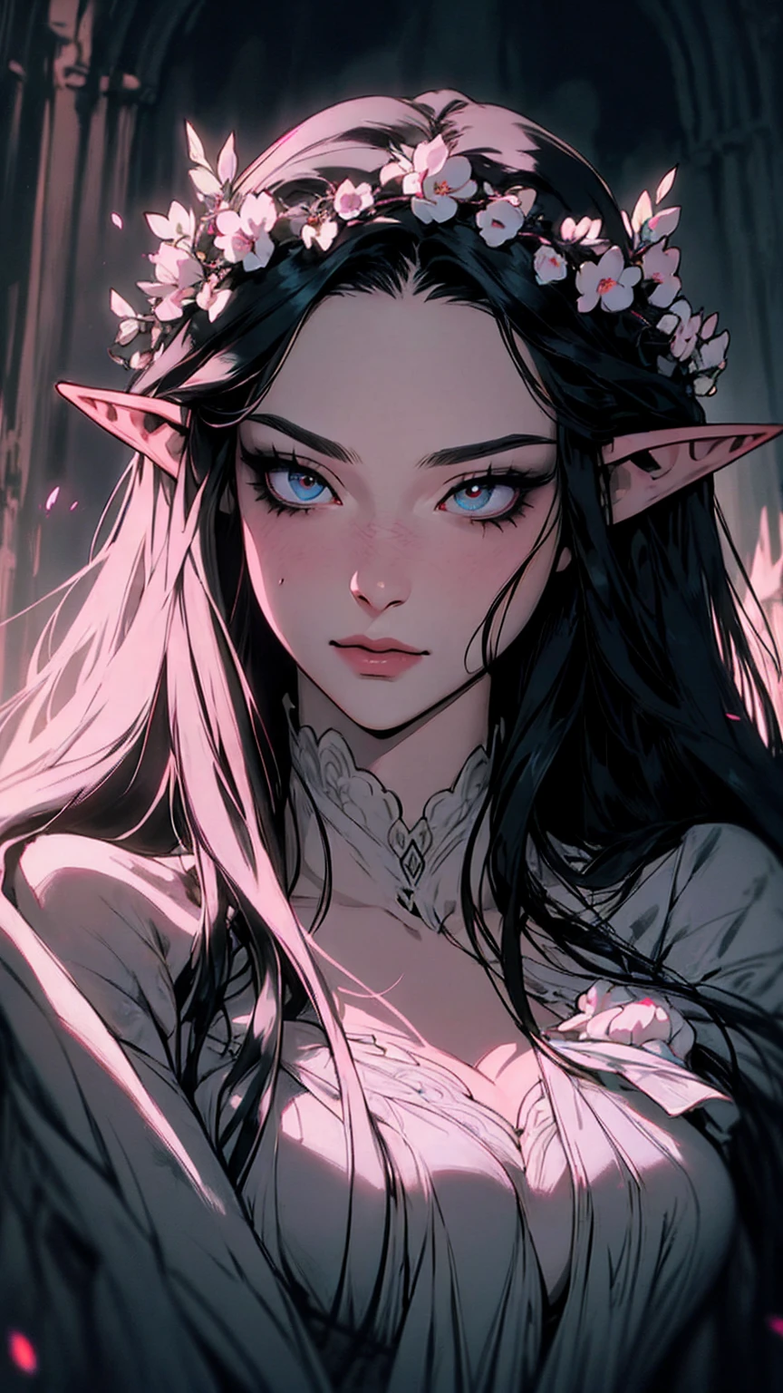 hyper-realistic  of a mysterious woman with flowing black hair, ears of elf,  piercing opal eyes, and a delicate floral crown, delicate smile,  upper body