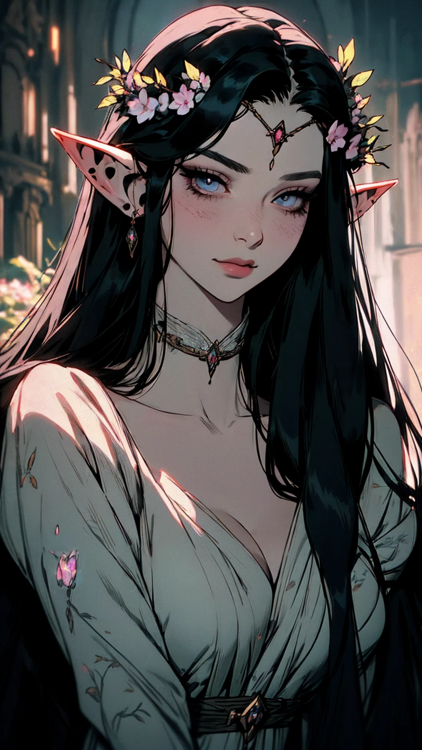 { - anatomy error}(Masterpiece - Ultra-detailed, very high resolution)moonlight, hyper-realistic of a mysterious woman with flowing black hair, ears of elf, piercing opal eyes, and a delicate floral crown, delicate smile, sitting on the ground, backwards, looking back, with chin on shoulder